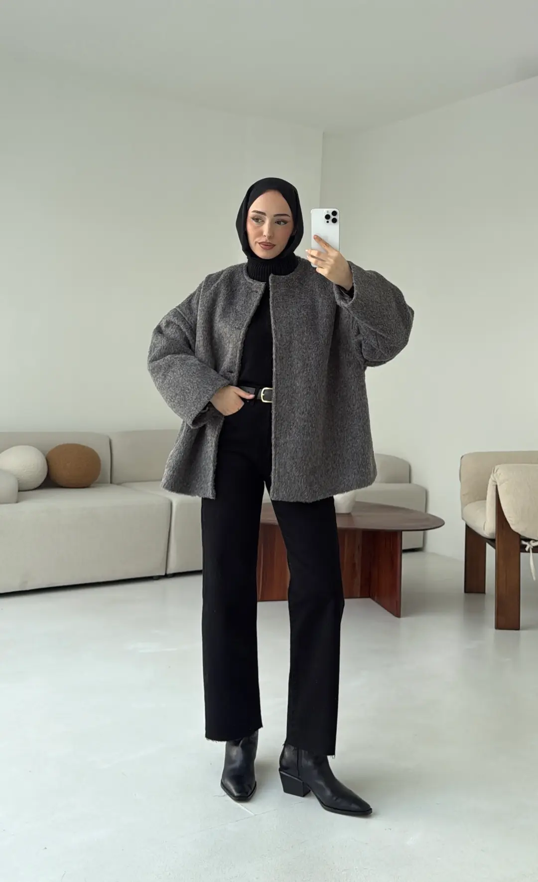 Gizli Düğmeli Kaban Gri - Görsel 2