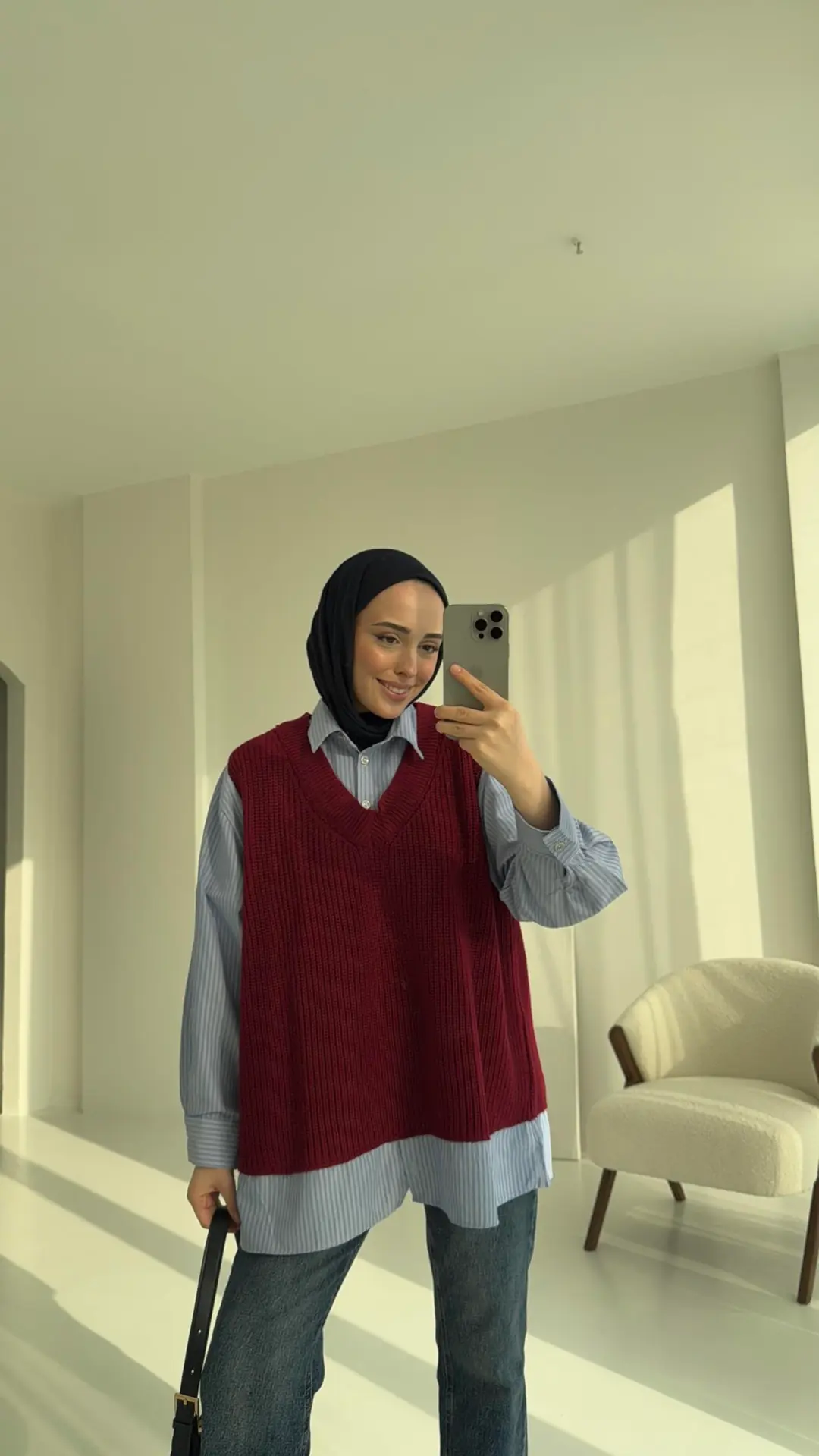 Gömlek Detaylı Triko Bordo - Görsel 3