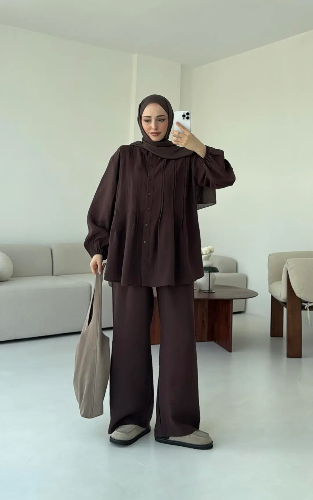 Gömlekli Nervürlü Takım Kahve - Görsel 7