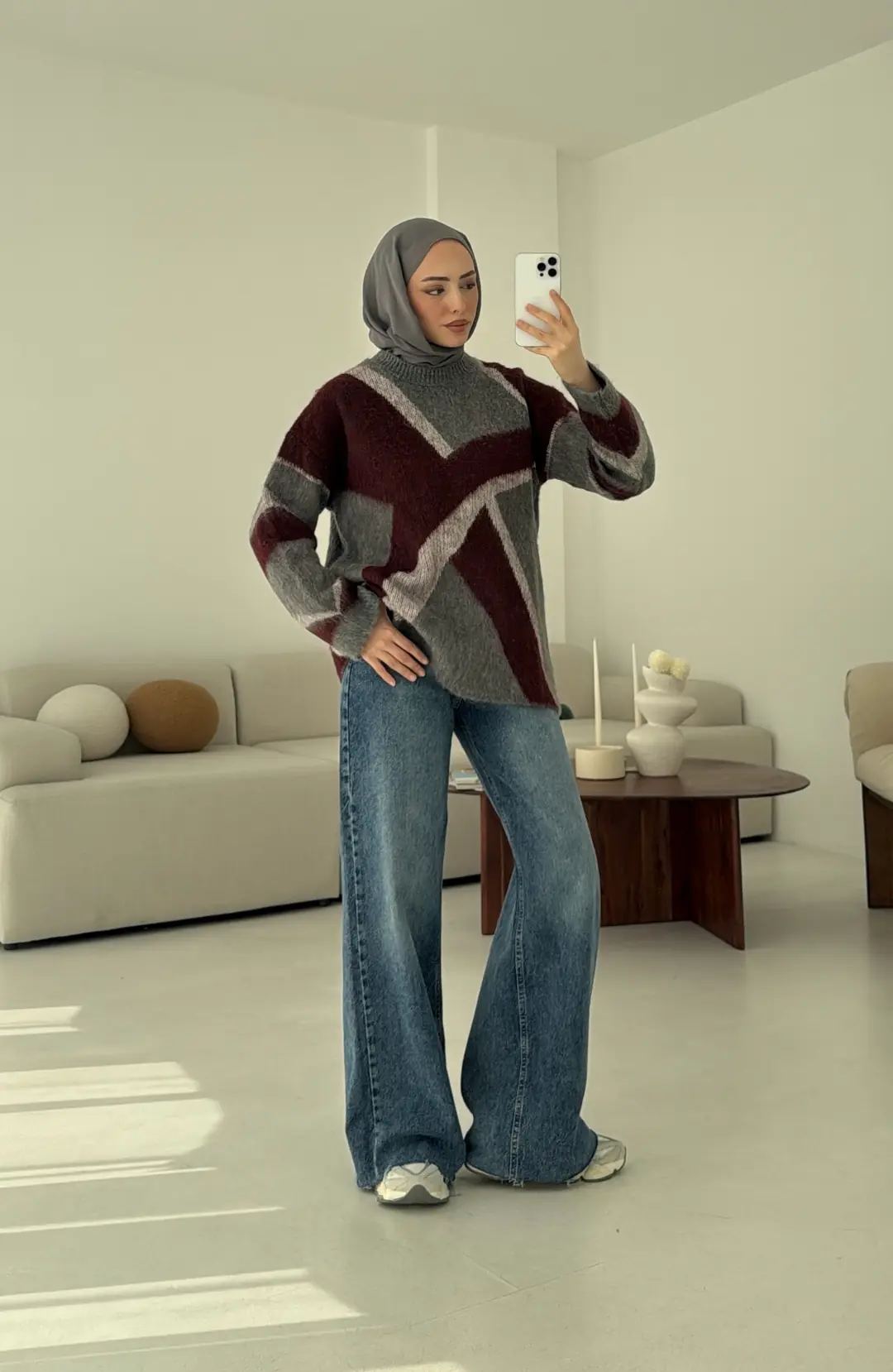 Gri Bordo Geçişli Kalın kazak - Görsel 3