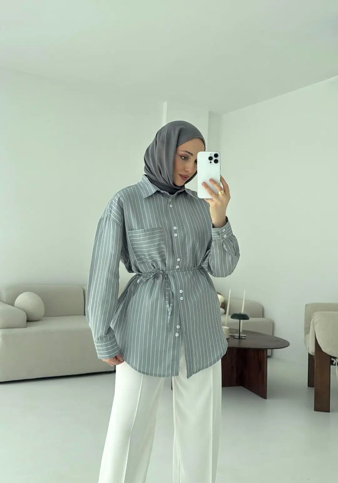 Gri Çizgili Bağlamalı Gömlek