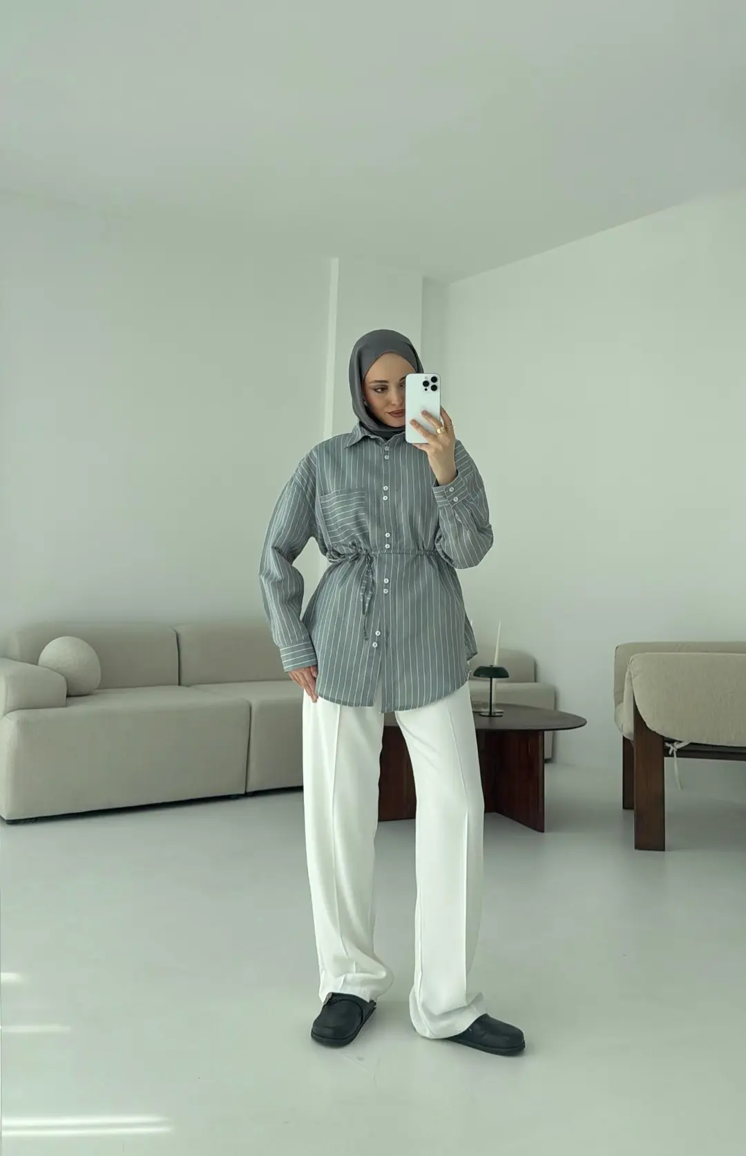 Gri Çizgili Bağlamalı Gömlek - Görsel 2