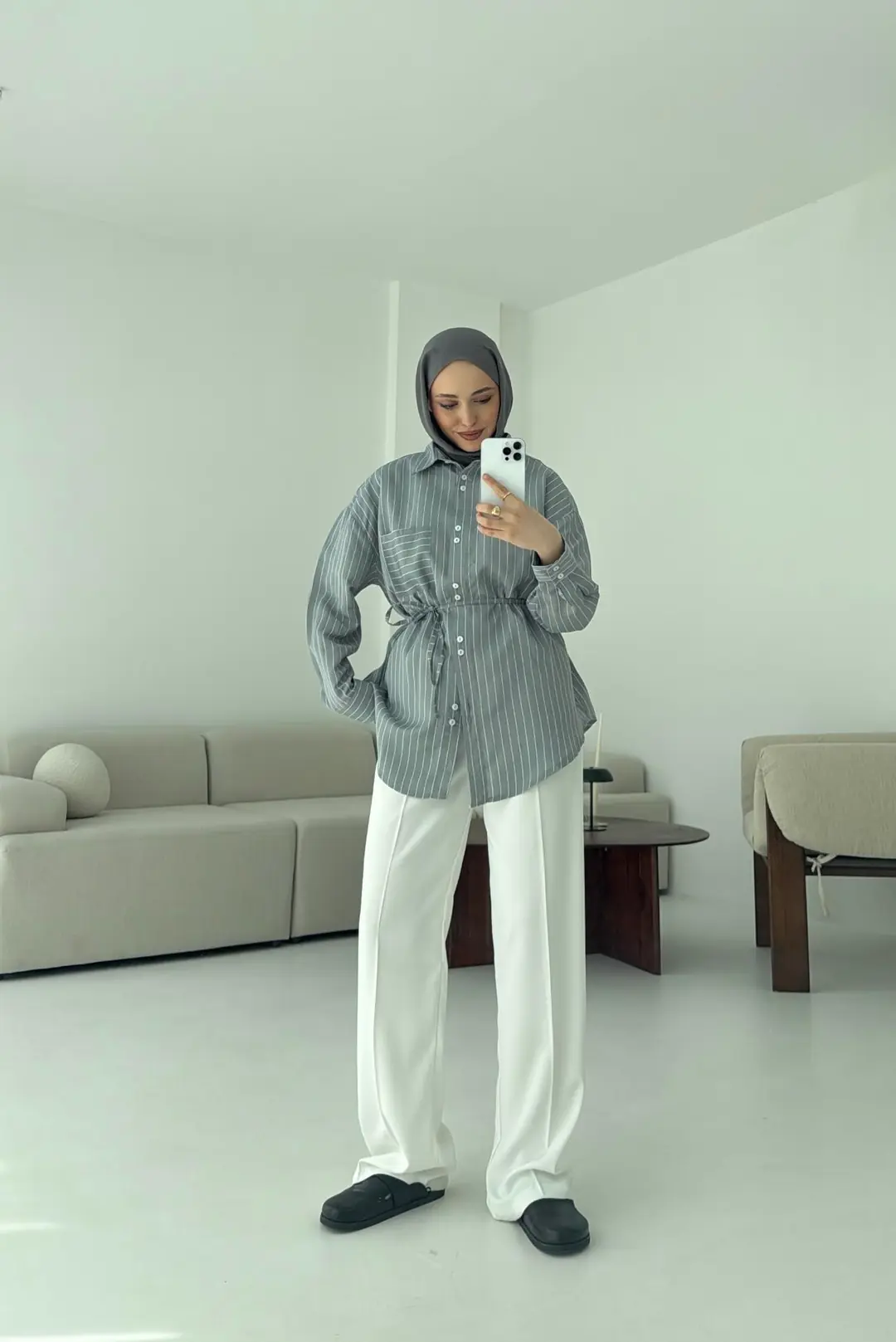 Gri Çizgili Bağlamalı Gömlek - Görsel 3