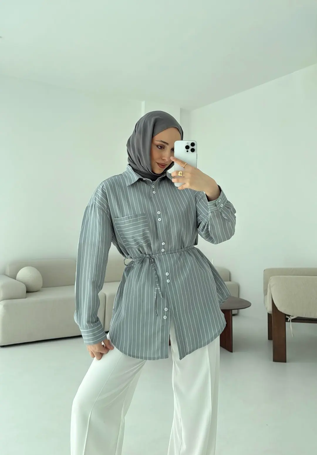 Gri Çizgili Bağlamalı Gömlek - Görsel 4