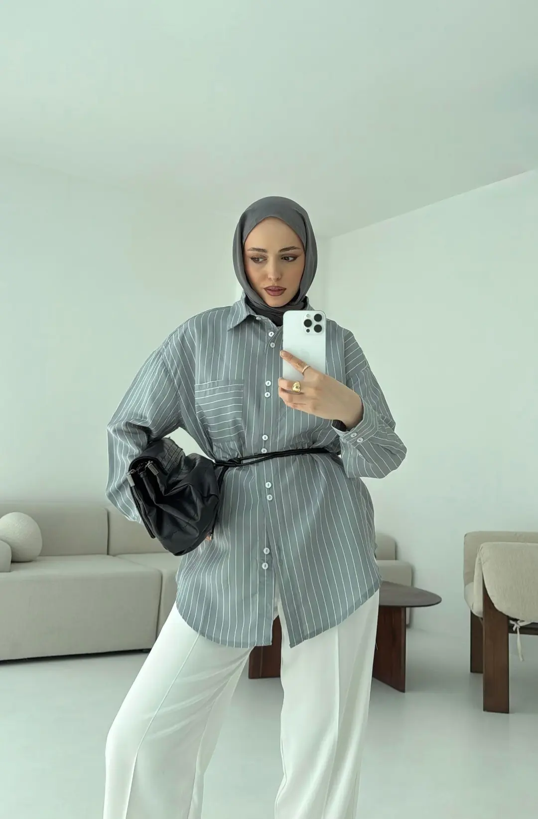 Gri Çizgili Bağlamalı Gömlek - Görsel 5