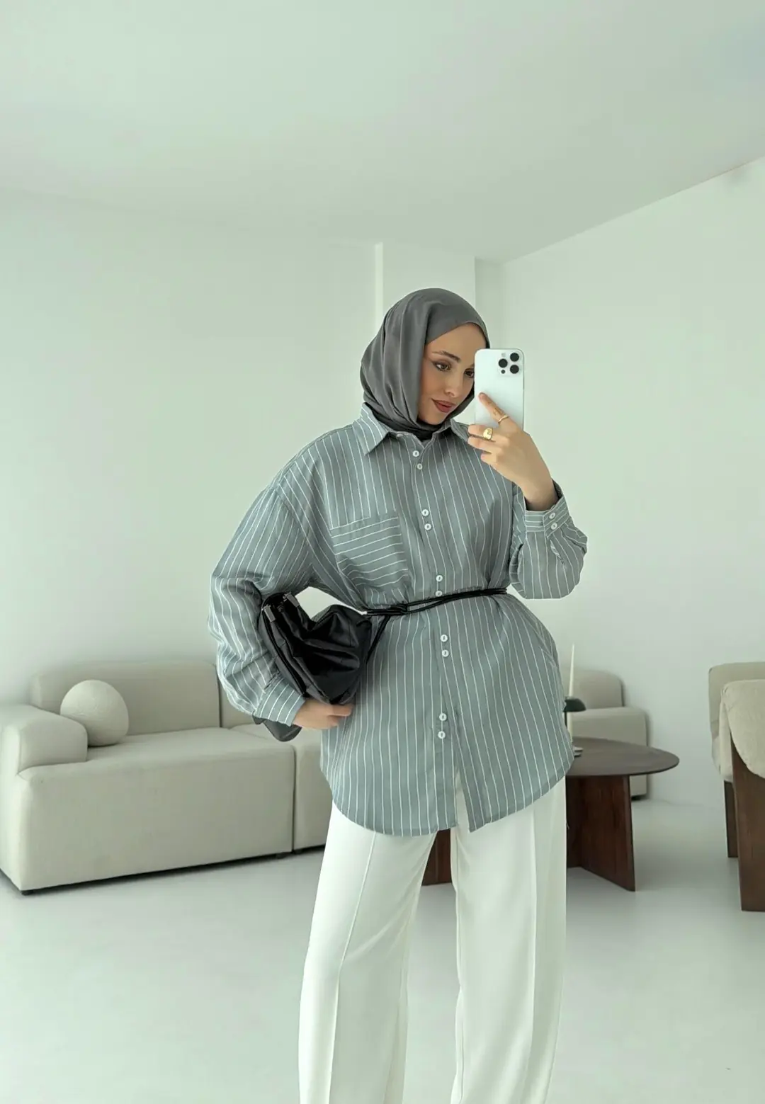 Gri Çizgili Bağlamalı Gömlek - Görsel 6