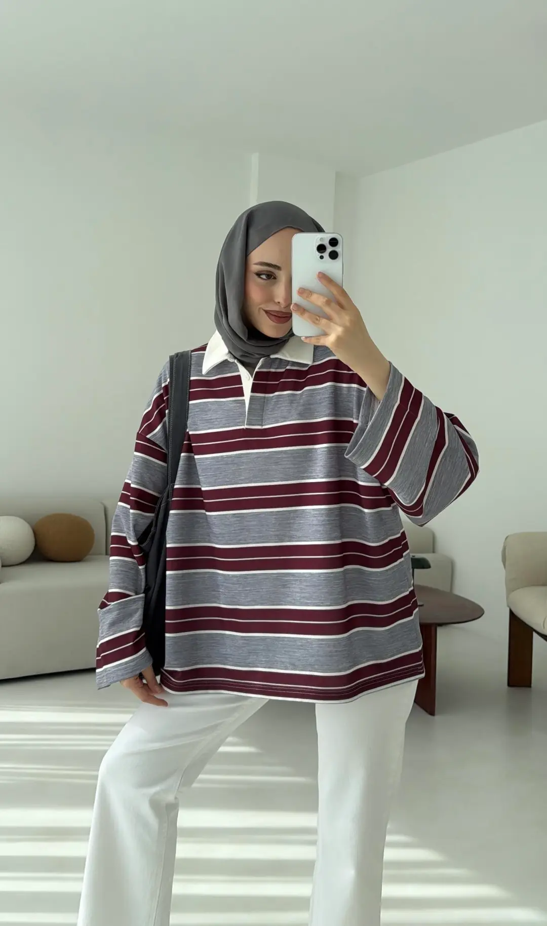 Gri Çizgili Polo Yaka Sweatshrt - Görsel 10