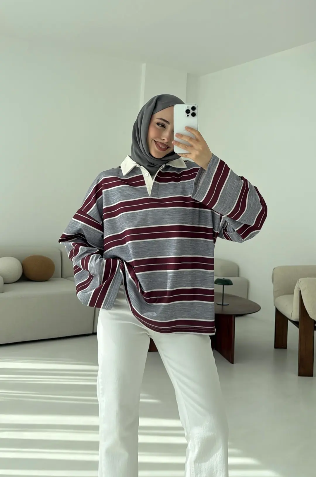 Gri Çizgili Polo Yaka Sweatshrt - Görsel 4