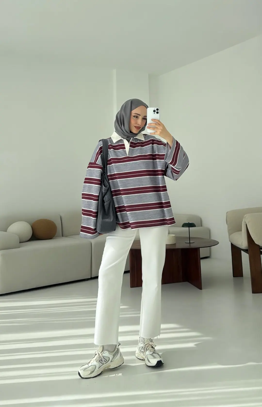 Gri Çizgili Polo Yaka Sweatshrt - Görsel 7