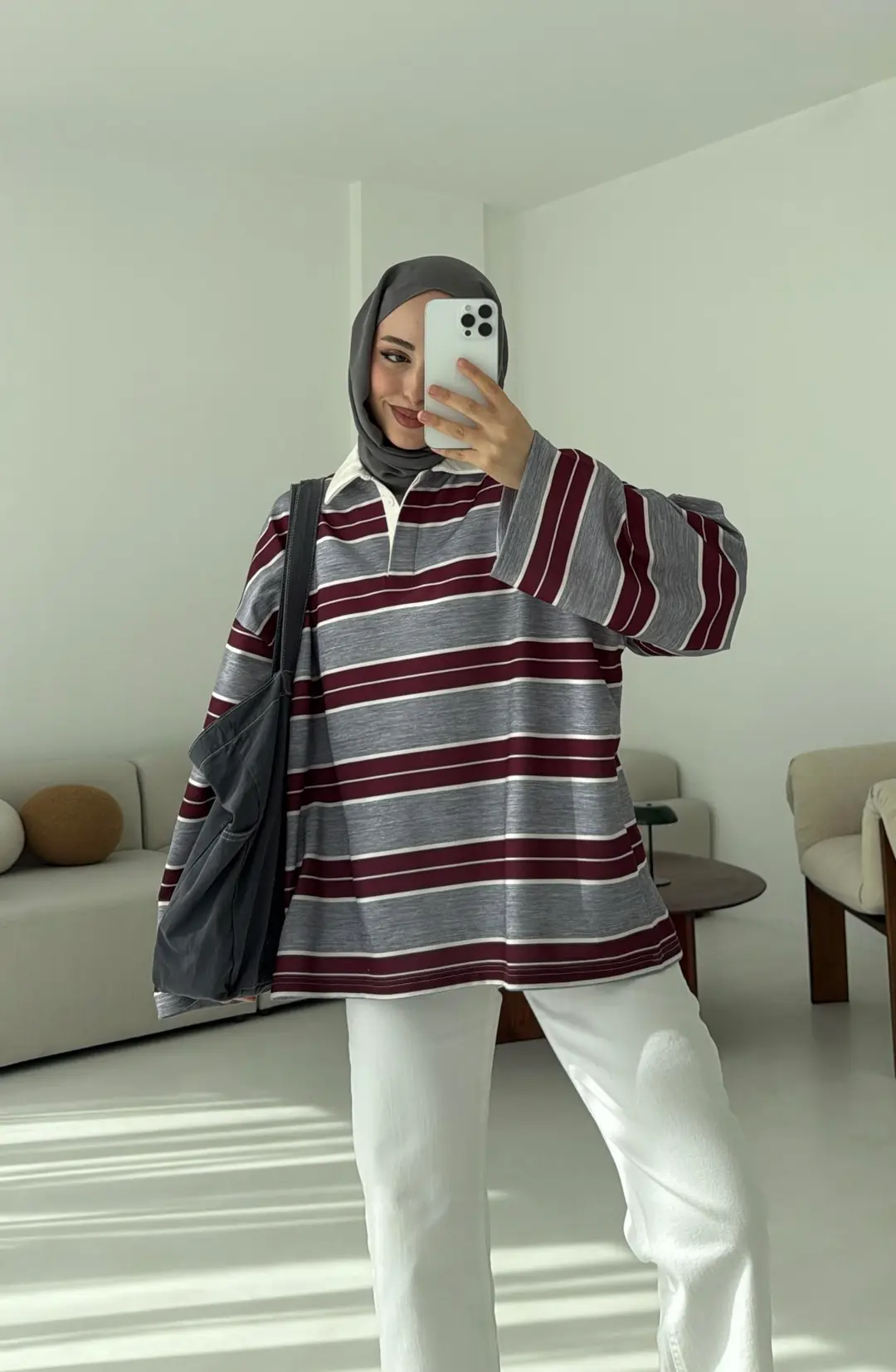 Gri Çizgili Polo Yaka Sweatshrt - Görsel 8