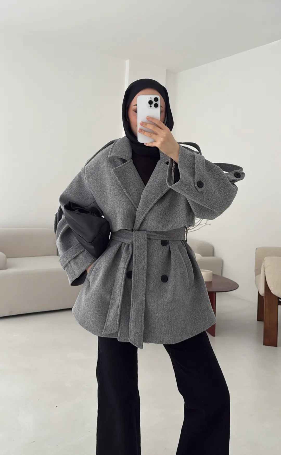 Gri Düğmeli Kol Manşetli Kaşe Kaban - Görsel 10