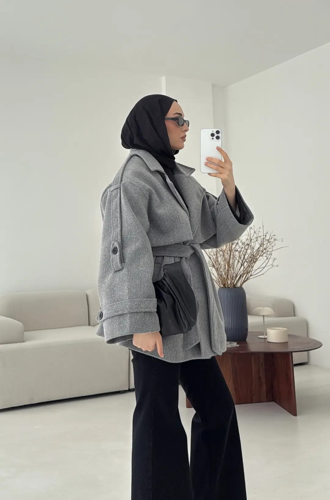 Gri Düğmeli Kol Manşetli Kaşe Kaban - Görsel 6