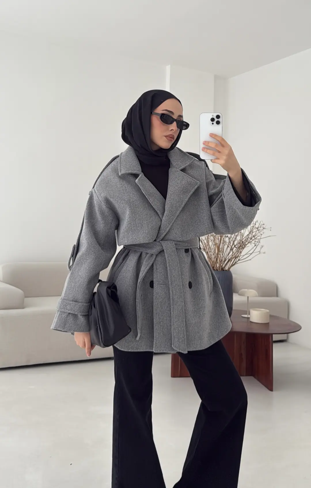 Gri Düğmeli Kol Manşetli Kaşe Kaban - Görsel 9