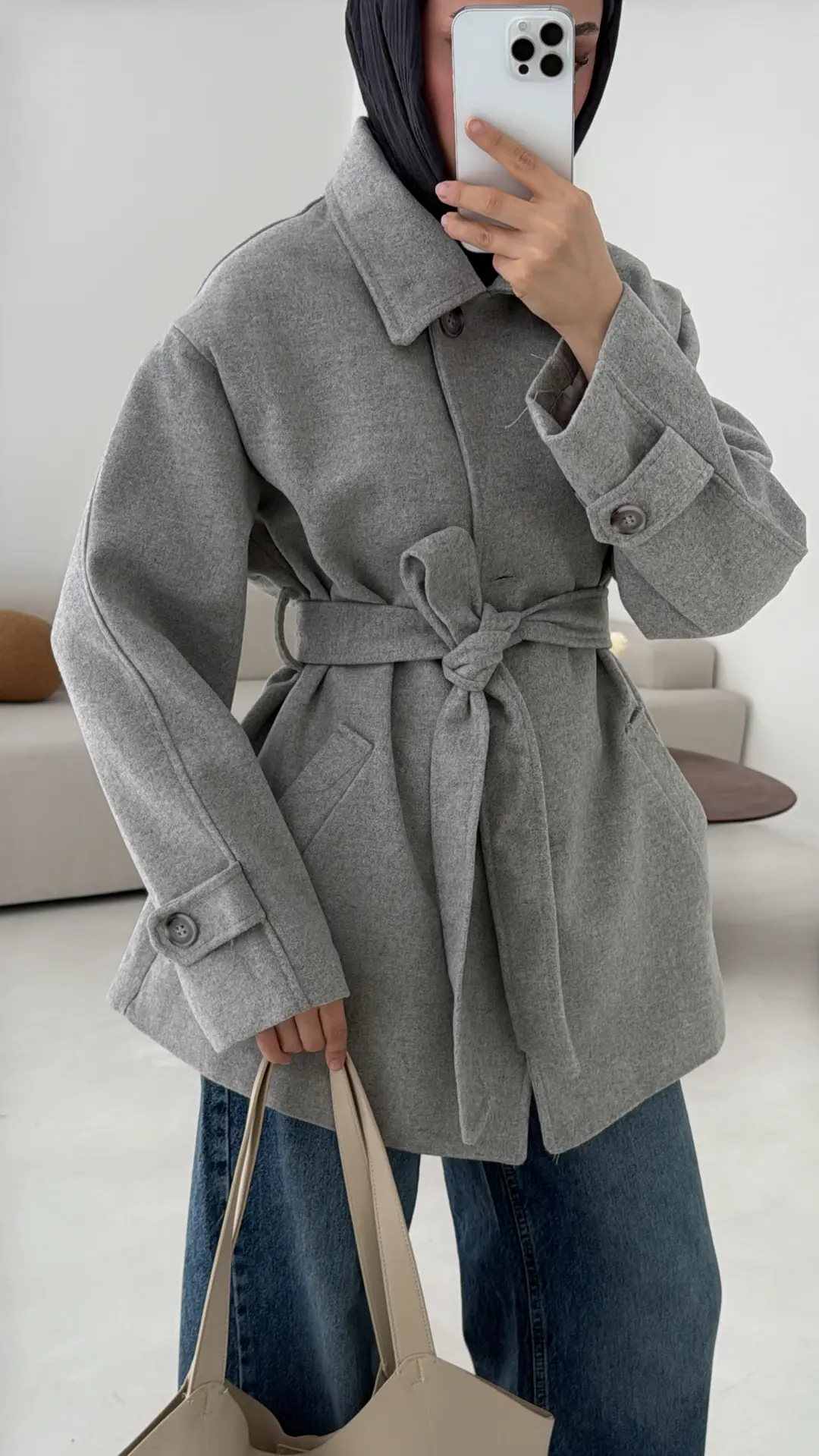 Gri Orta Boy Kaşe Kaban