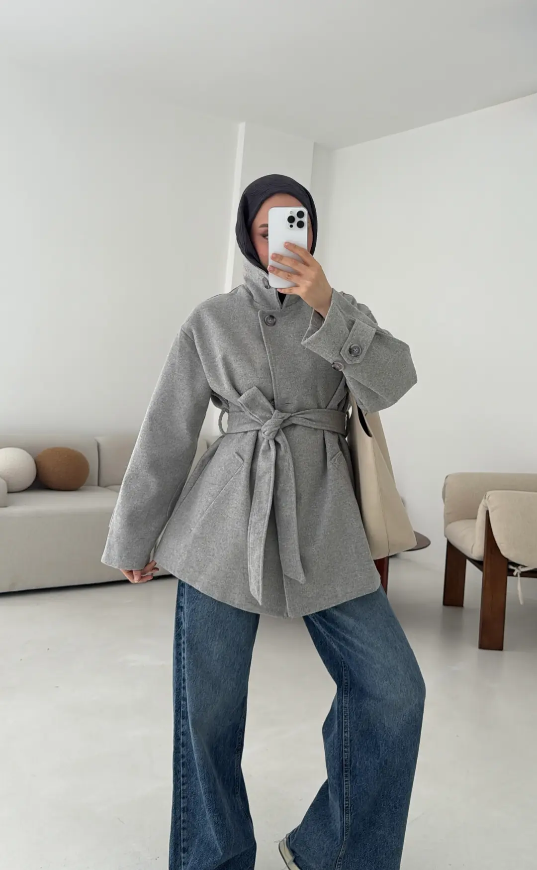 Gri Orta Boy Kaşe Kaban - Görsel 2