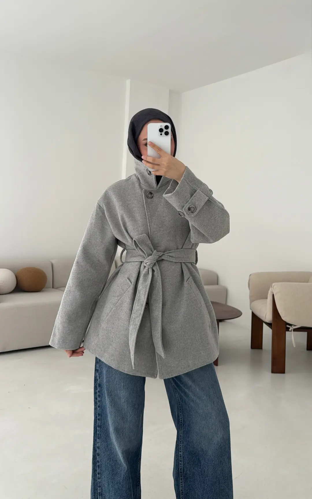 Gri Orta Boy Kaşe Kaban - Görsel 3