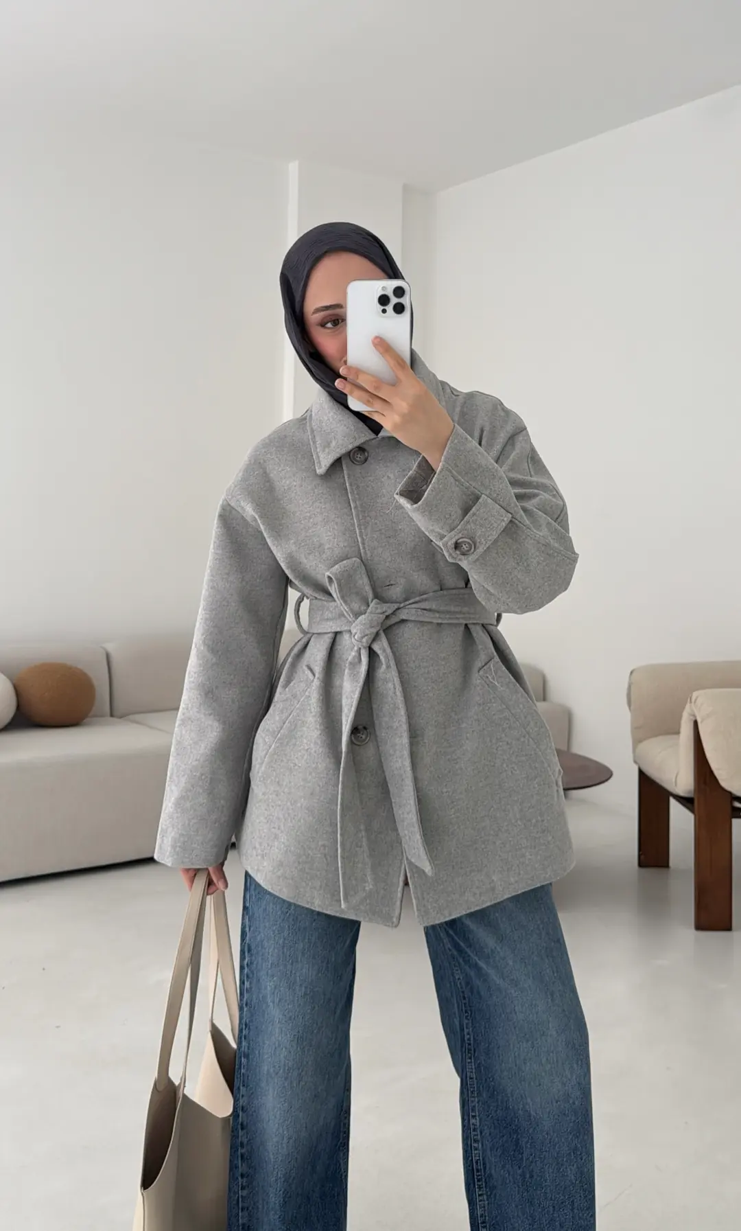 Gri Orta Boy Kaşe Kaban - Görsel 7