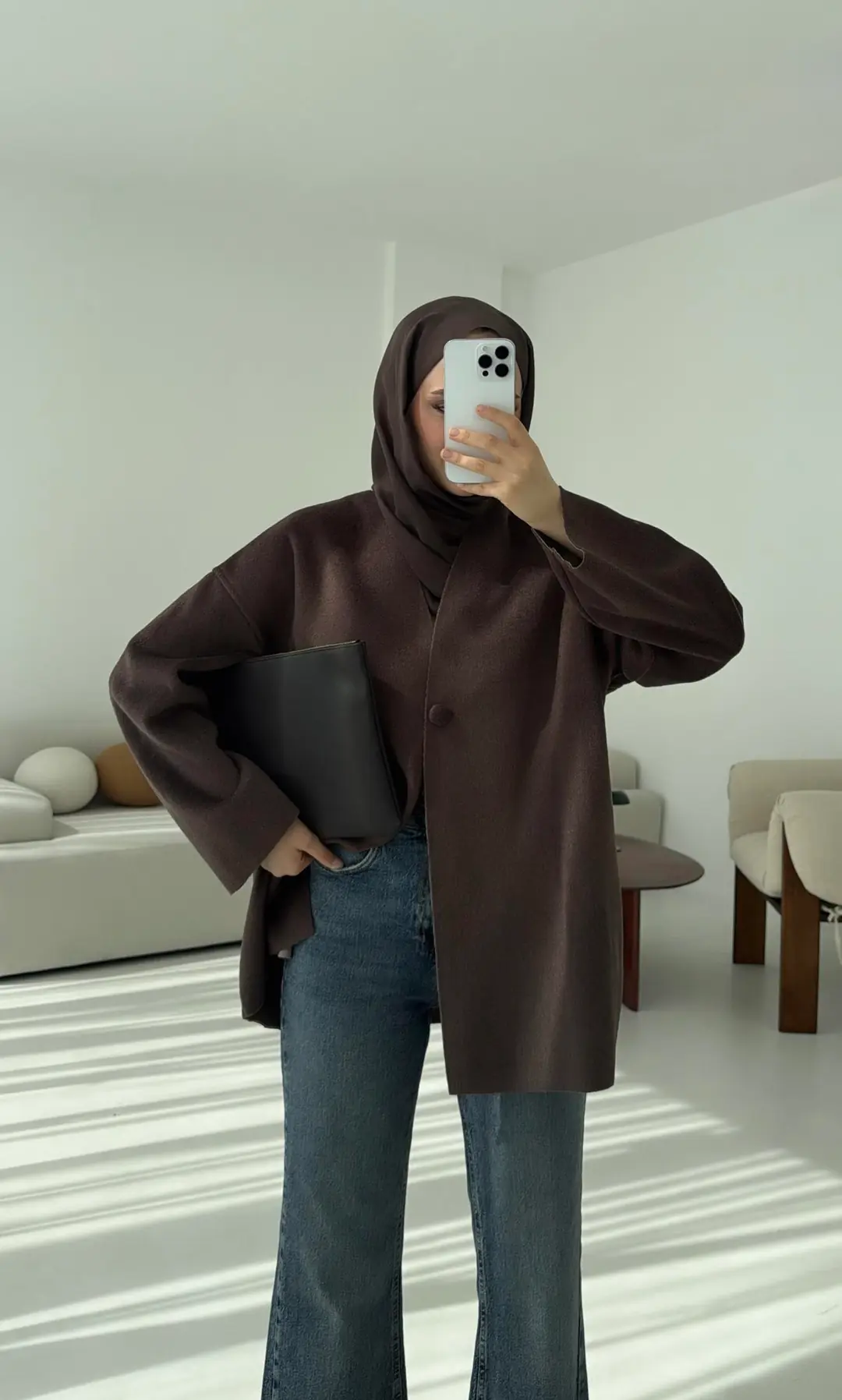 Hafif Tek Dügmeli Kaşe Ceket Kahve - Görsel 6