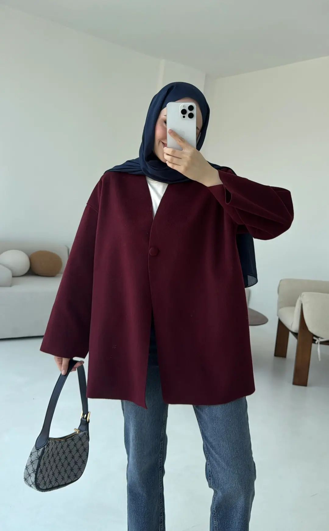 Hafif Tek Dügmeli Kaşe Ceket Bordo - Görsel 4