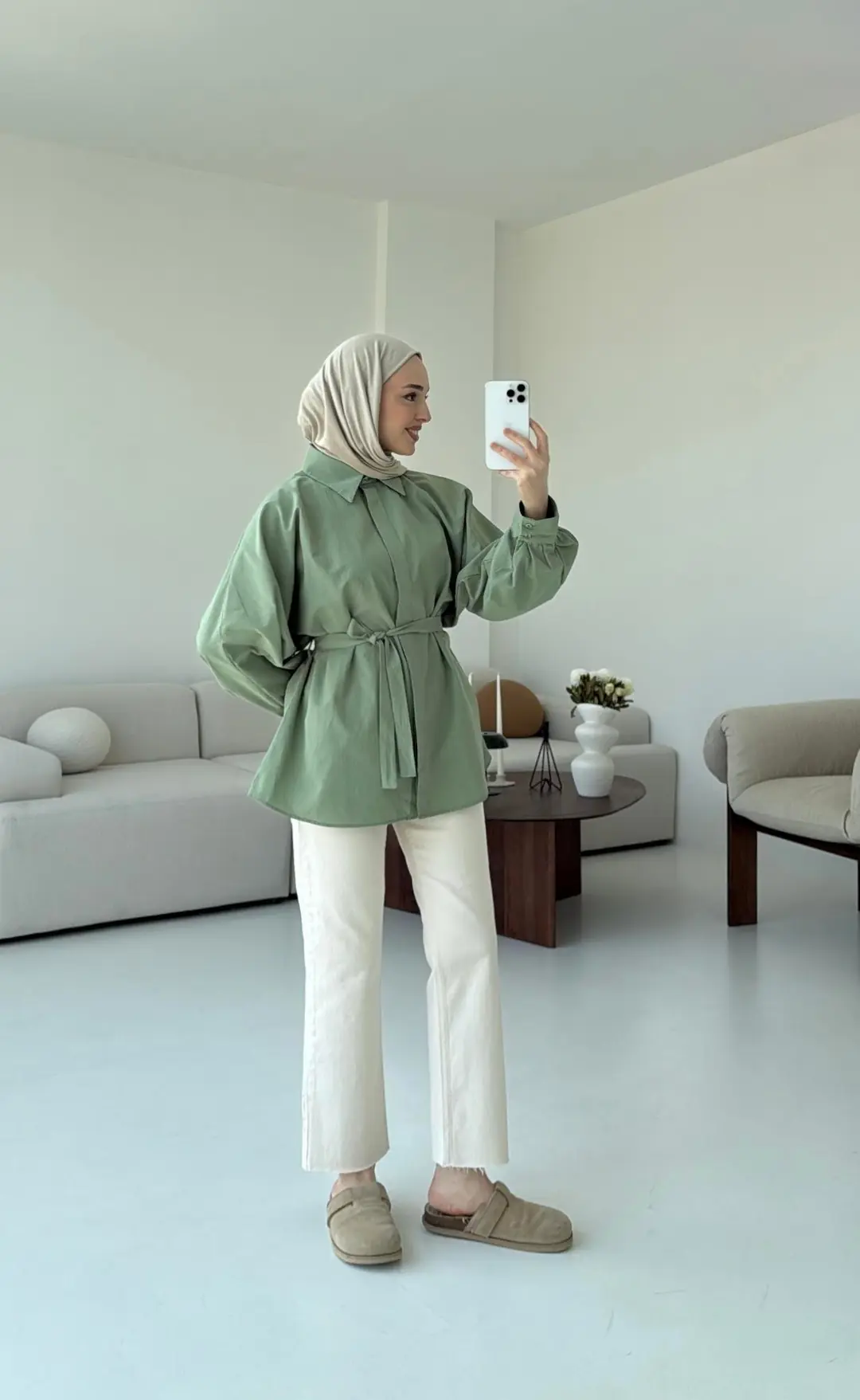 Haki Balon Kol Bağlamalı Gömlek