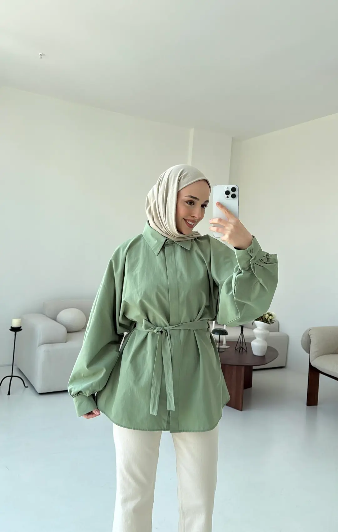 Haki Balon Kol Bağlamalı Gömlek - Görsel 3