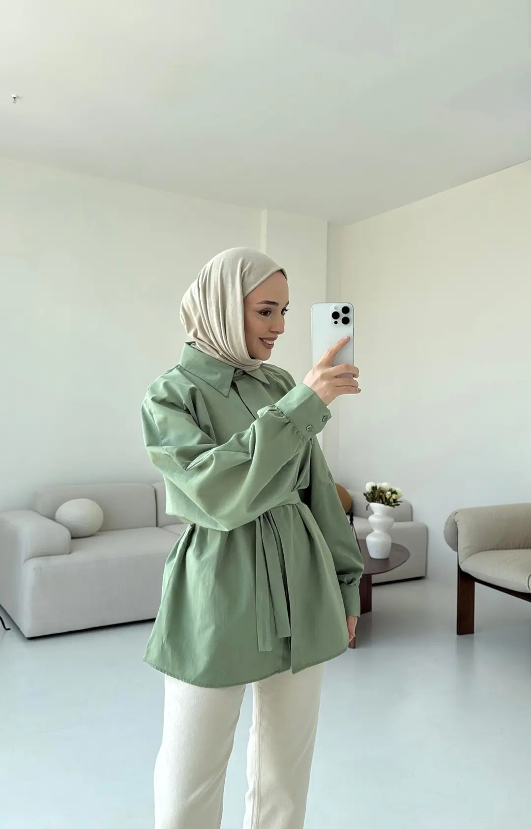 Haki Balon Kol Bağlamalı Gömlek - Görsel 5