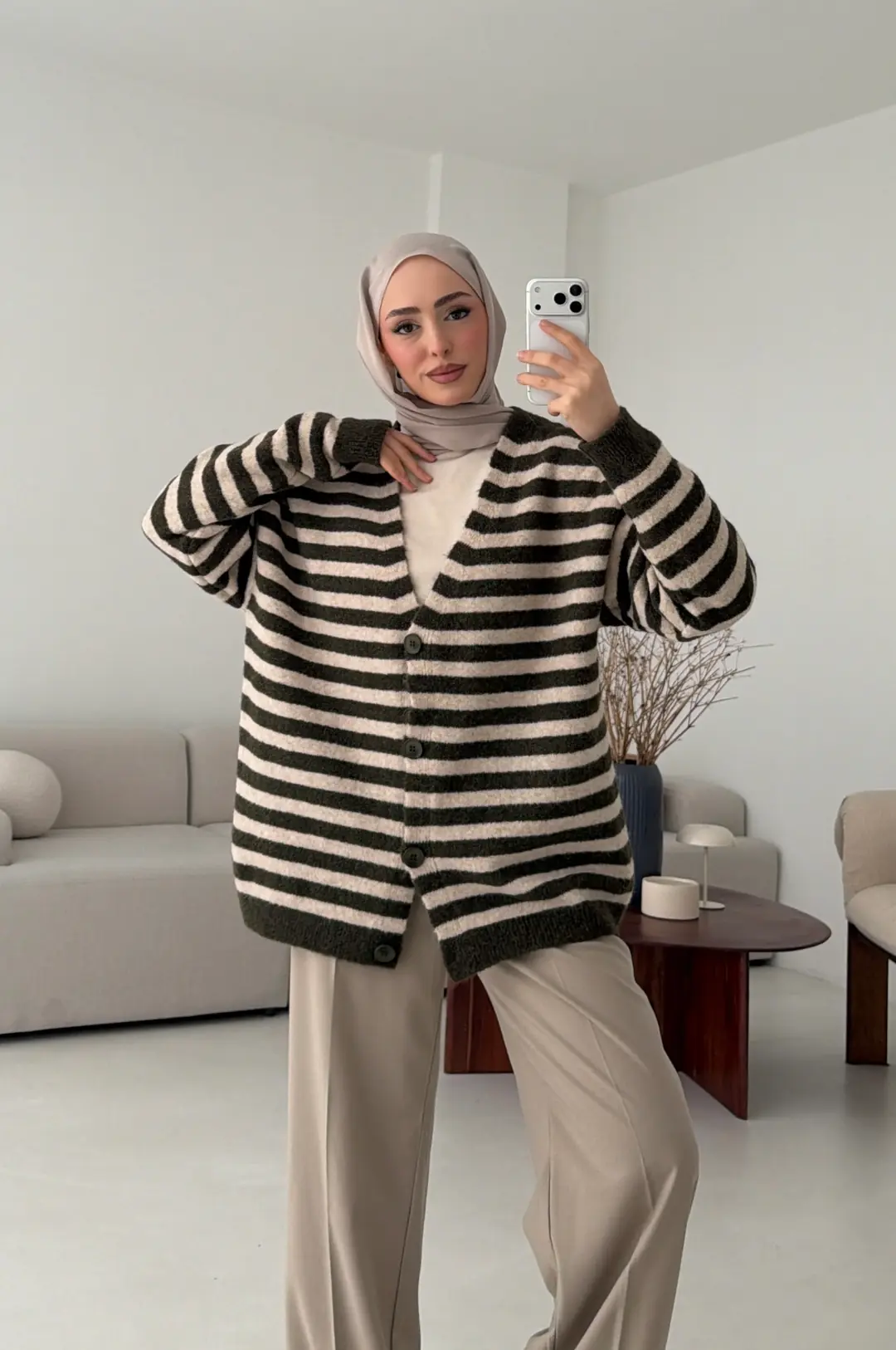 Haki/bej Çizgili Triko Hırka