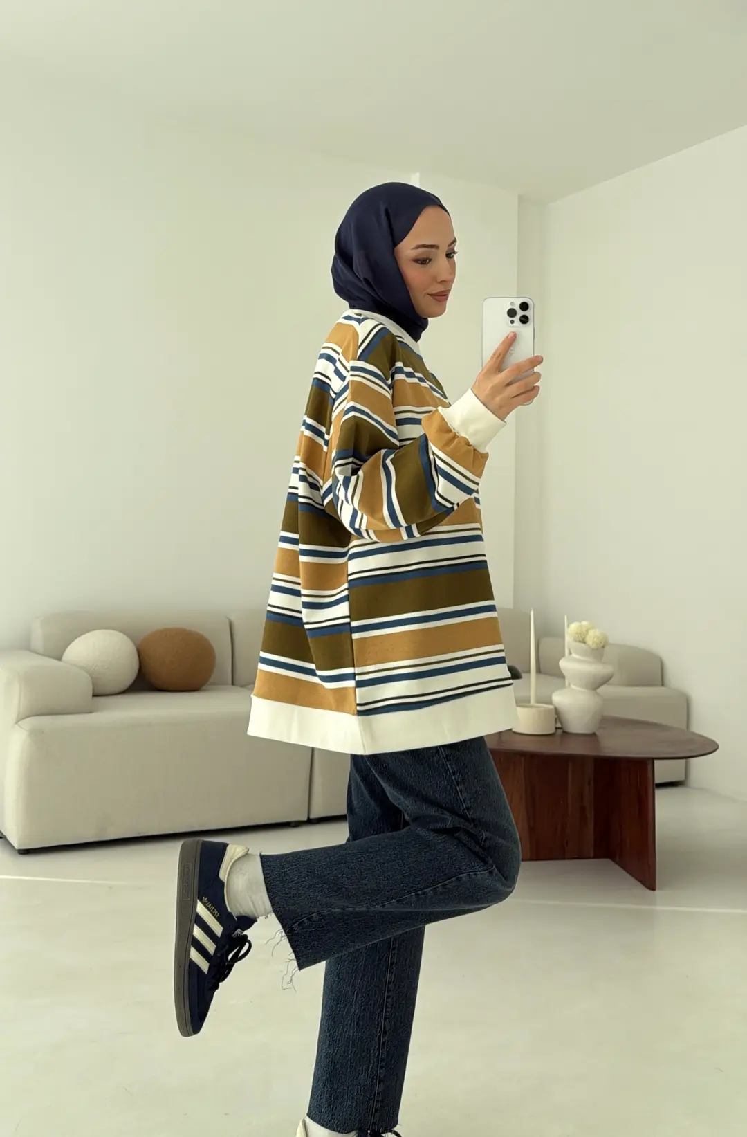 Haki Çizgili Sweatshirt - Görsel 7