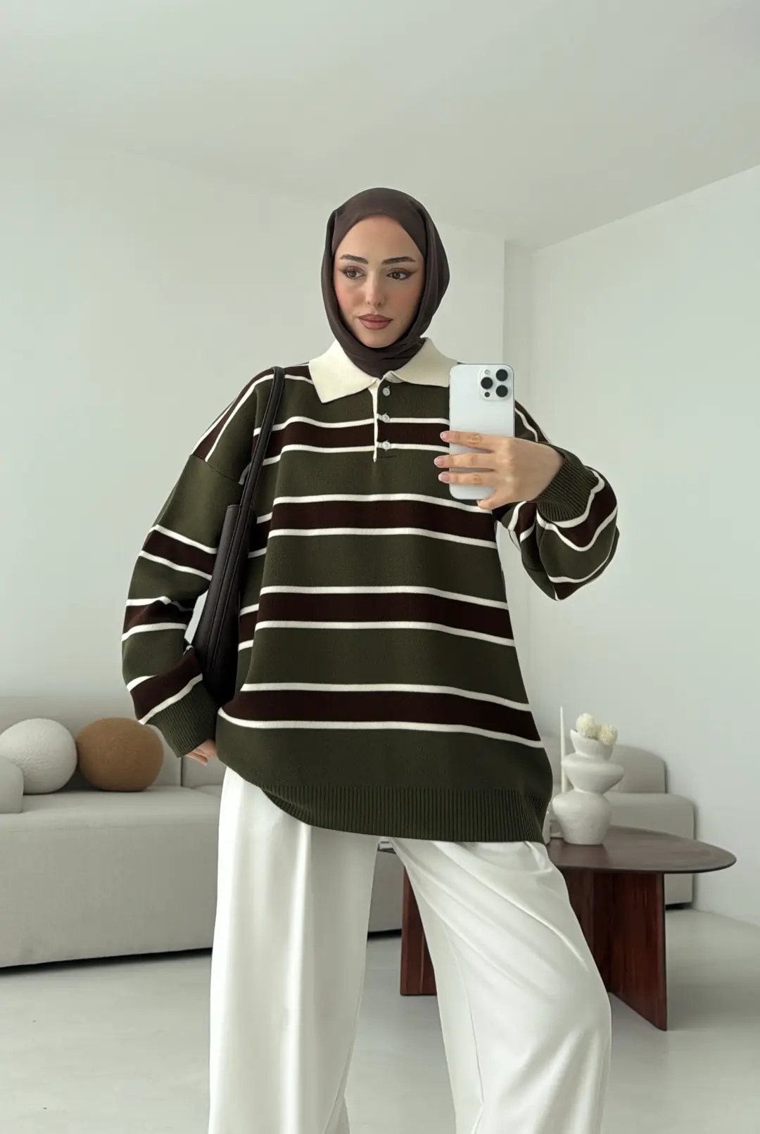 Haki Kahve Çizgili Triko Kazak