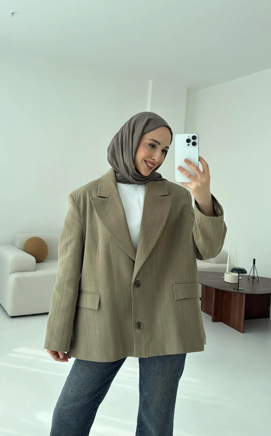 Haki Keten Oversize Blazer Ceket - Görsel 4