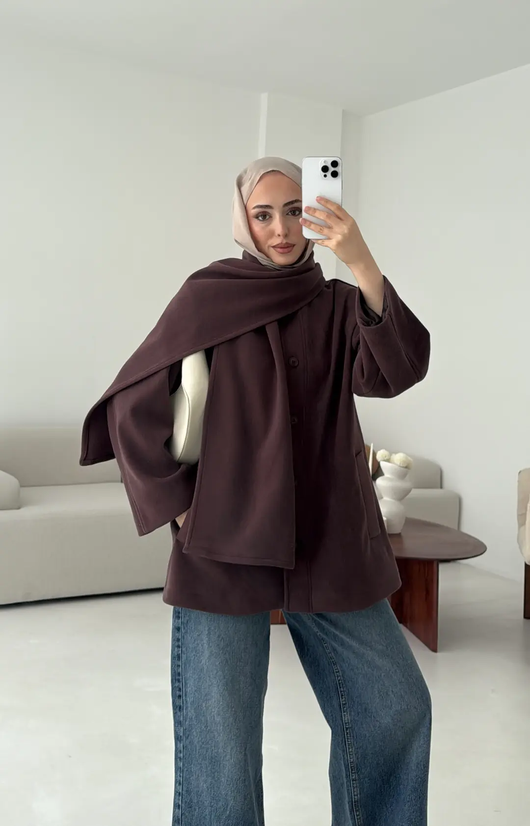 Hakim Yaka Atkılı Ceket/Kaban Mürdüm - Görsel 5