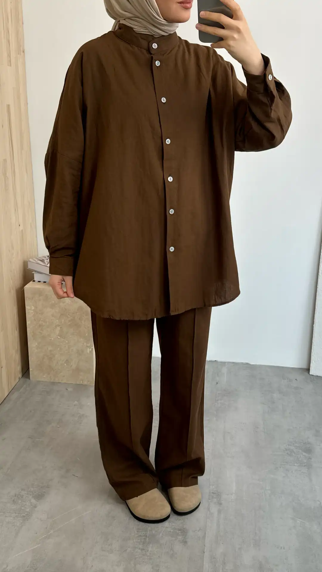 Hakim Yaka Keten Takım Kahve - Görsel 2