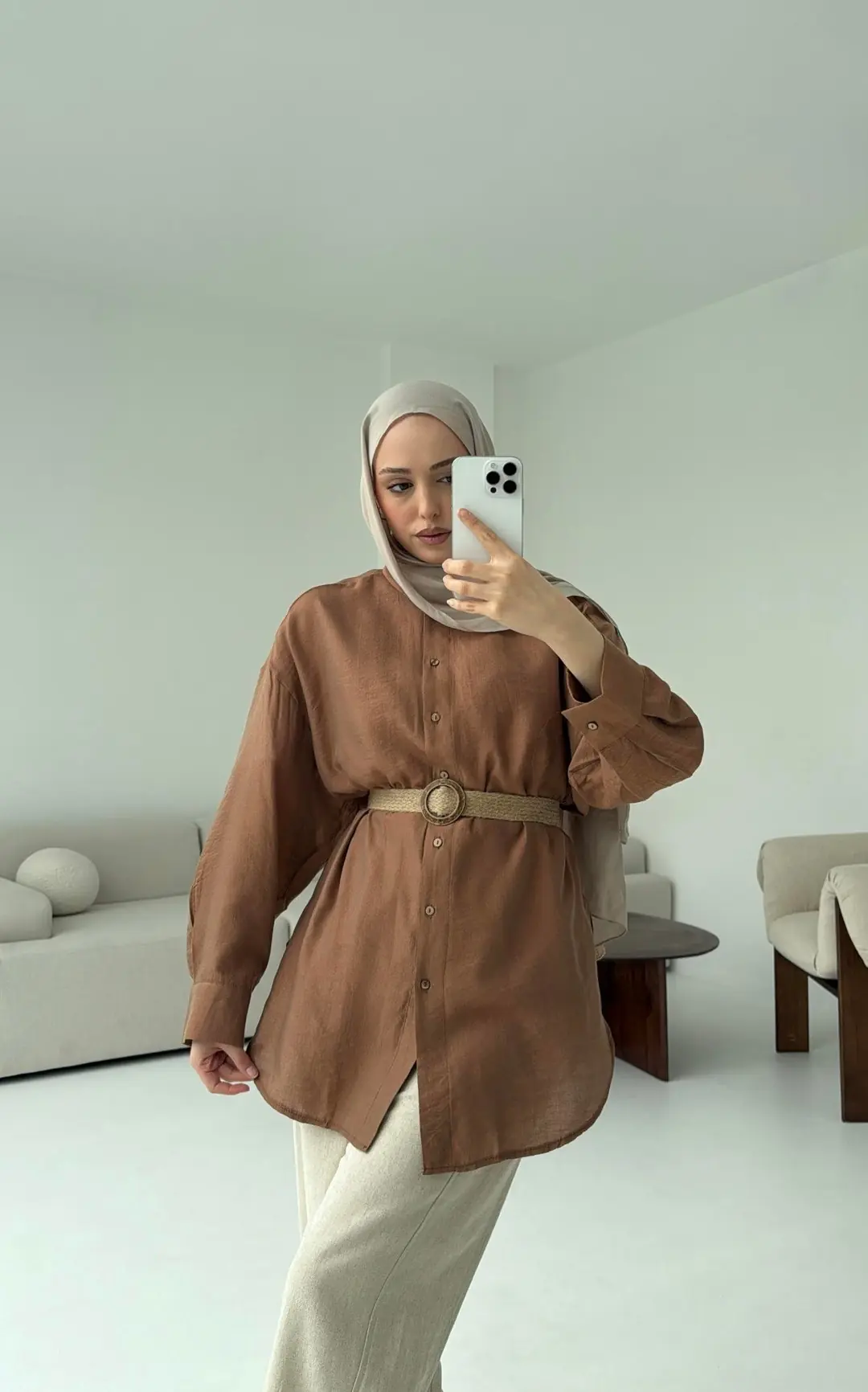 Hasır Kemerli Gömlek Kahve - Görsel 2