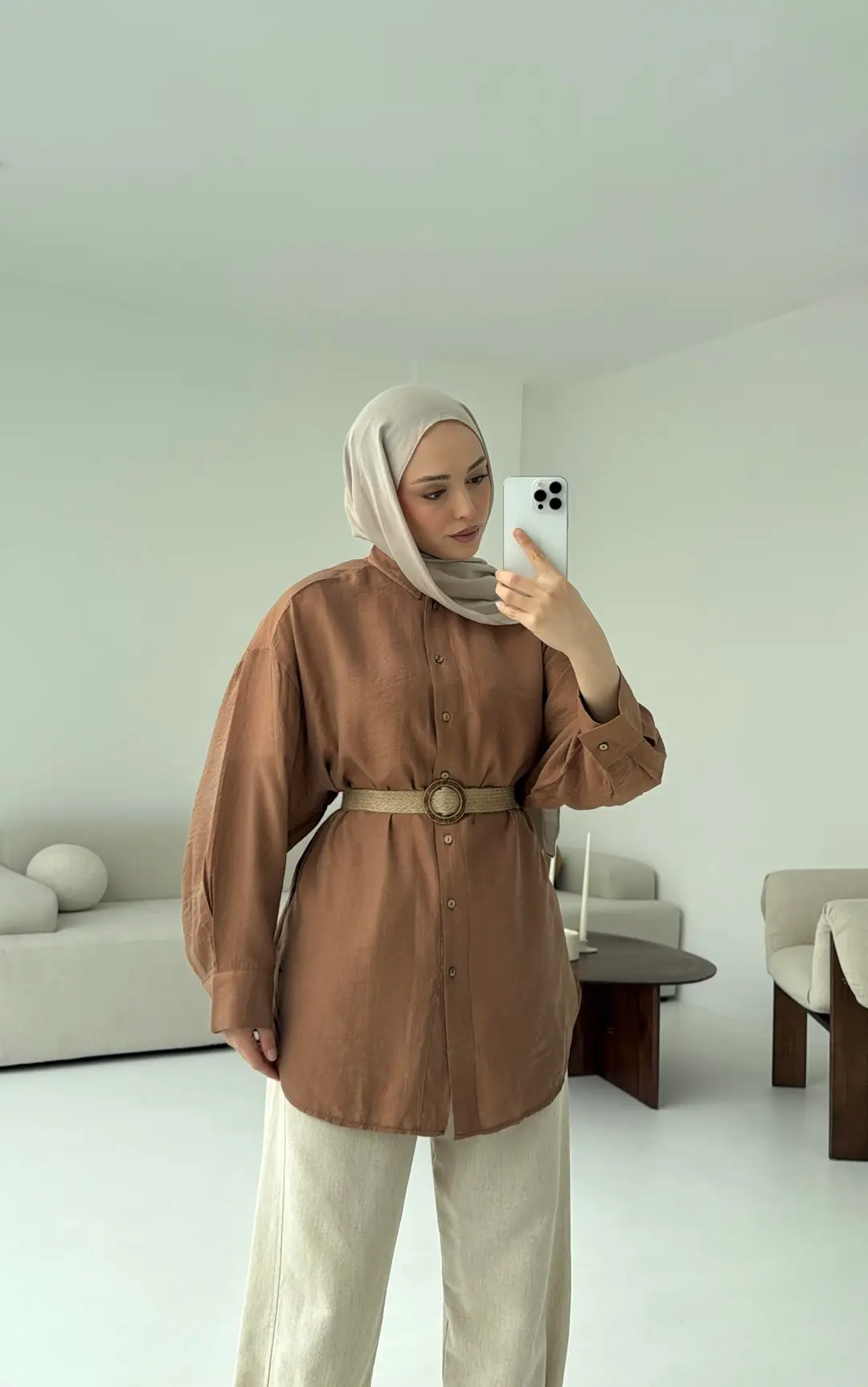 Hasır Kemerli Gömlek Kahve - Görsel 6