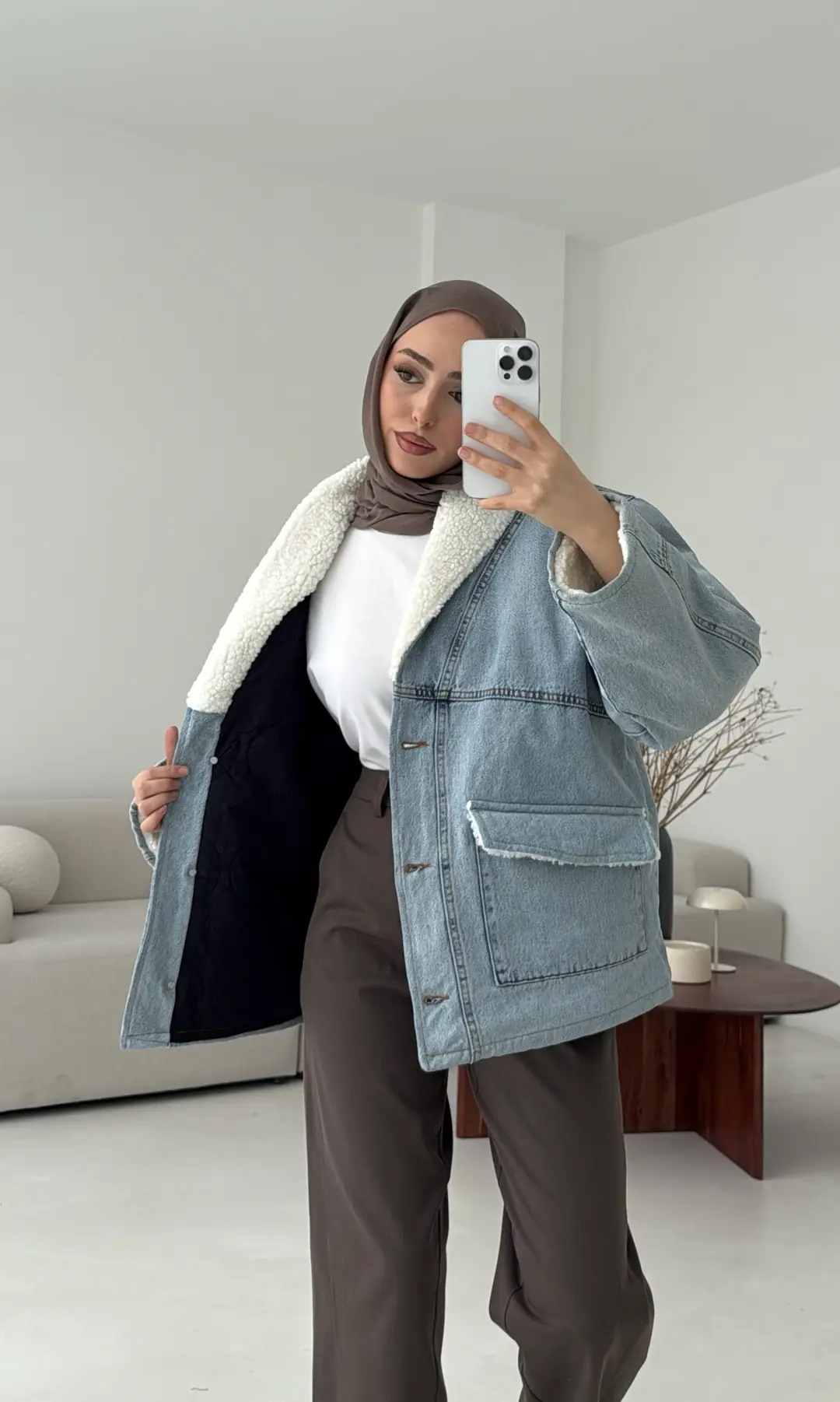 İçi Kürk Detay Denim Ceket - Görsel 4