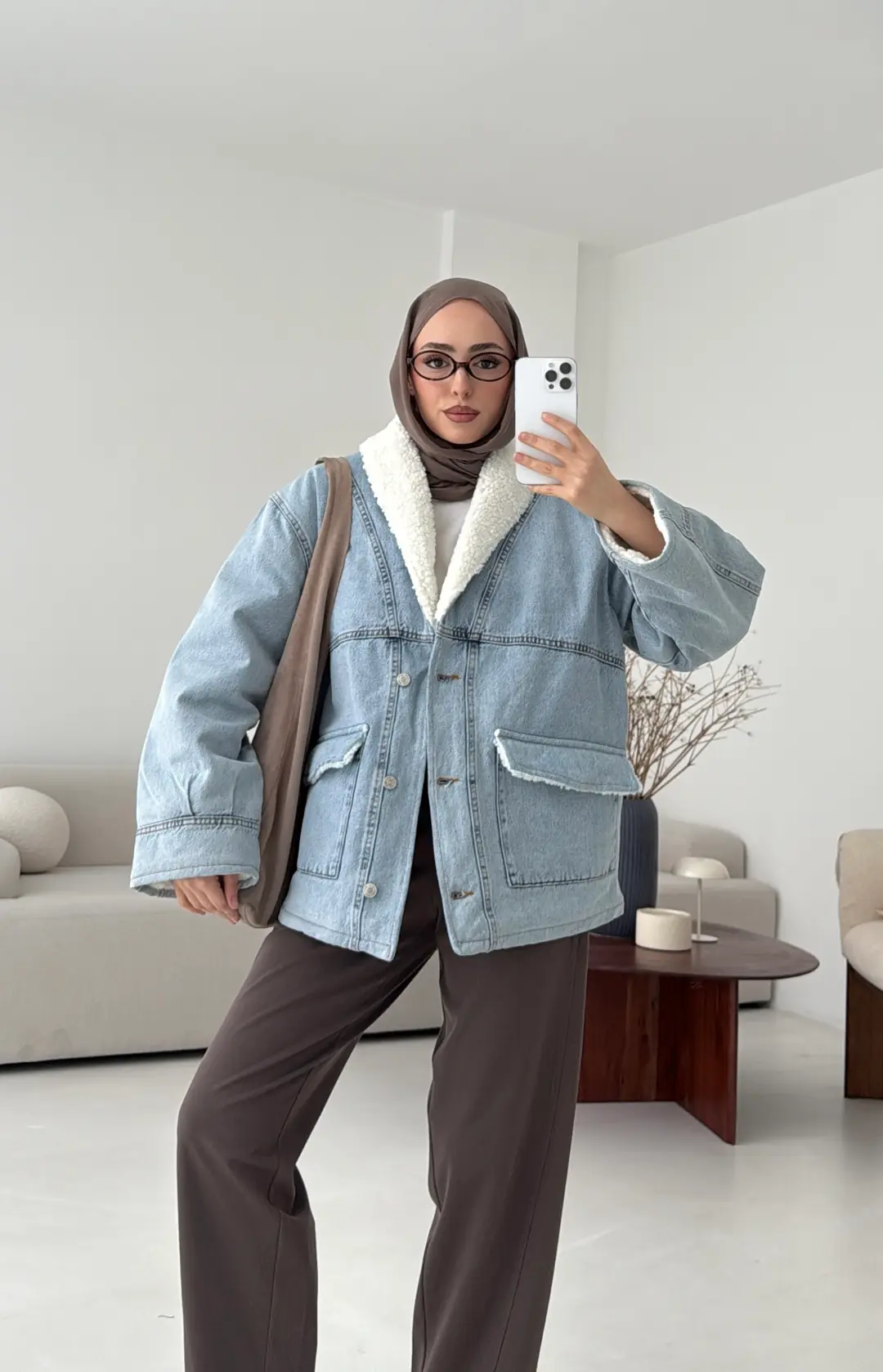 İçi Kürk Detay Denim Ceket - Görsel 5