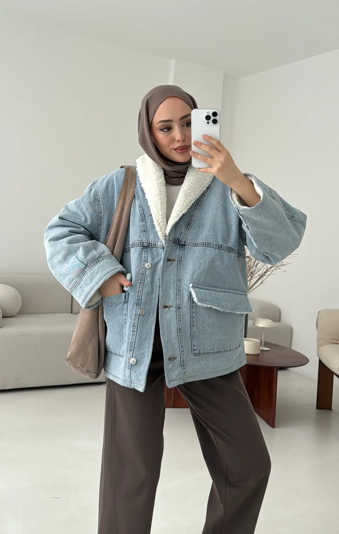 İçi Kürk Detay Denim Ceket - Görsel 7