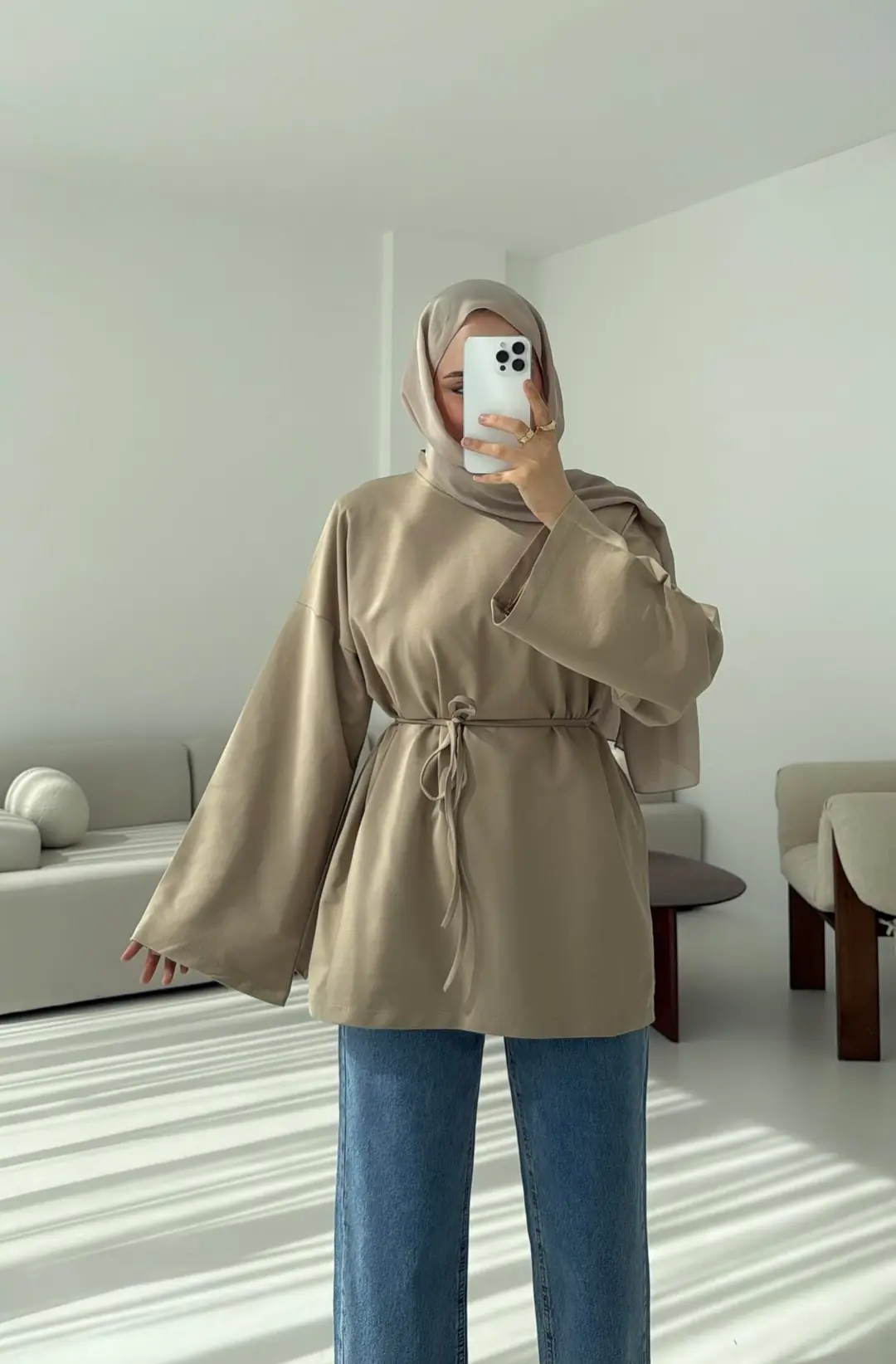 İki iplik Baglamalı Bluz Bej