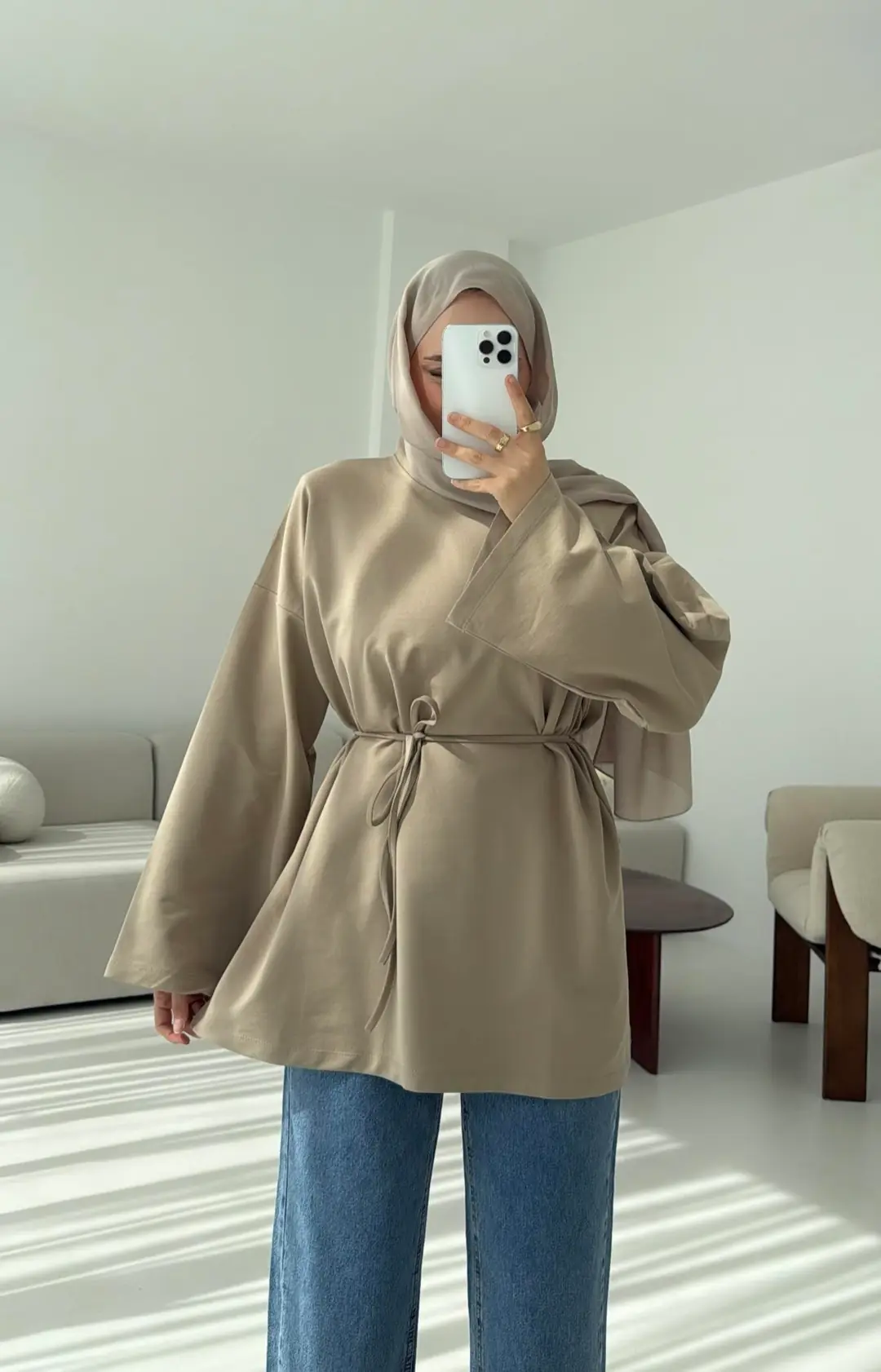 İki iplik Baglamalı Bluz Bej - Görsel 4