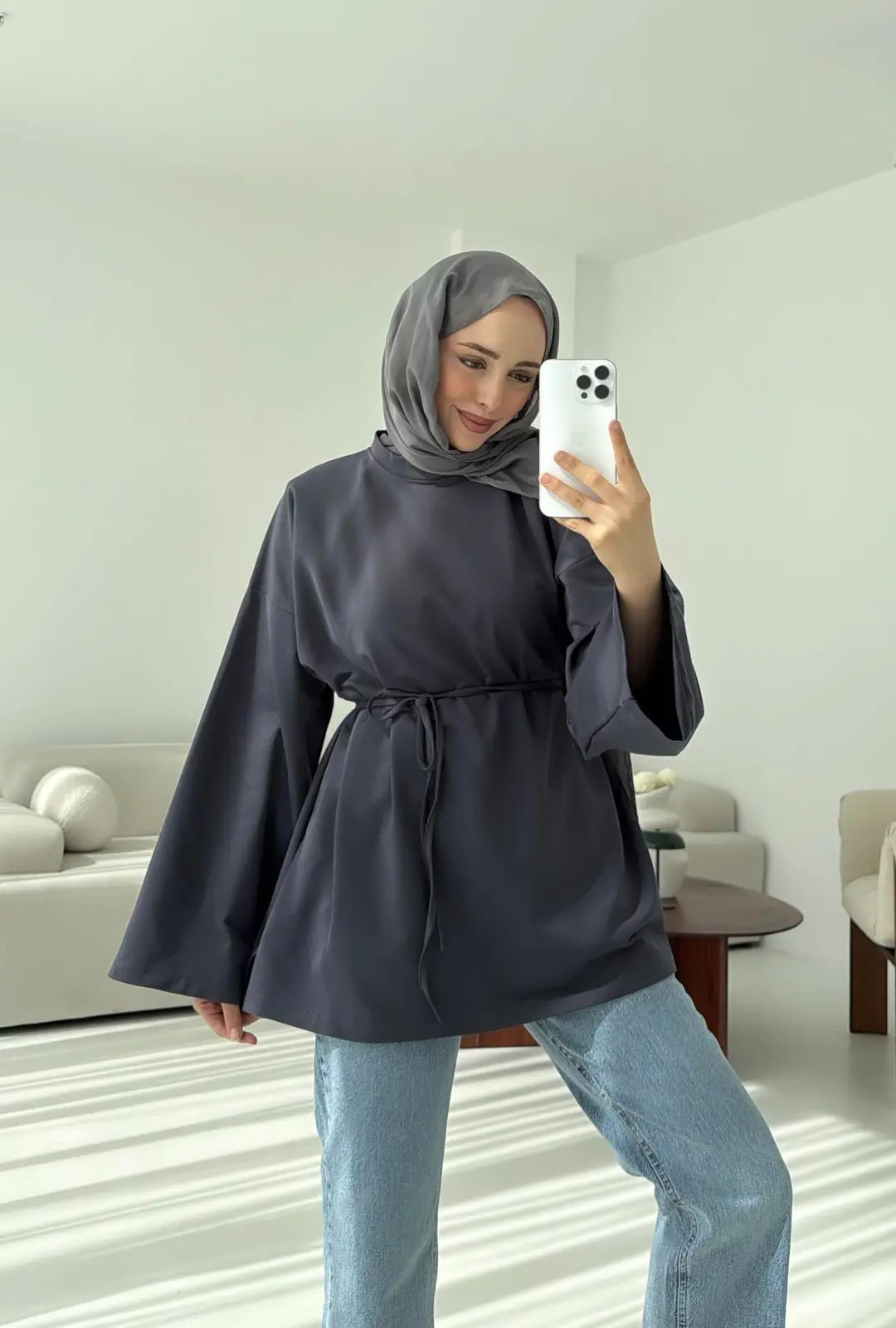 İki iplik Baglamalı Bluz Koyu  Gri - Görsel 5