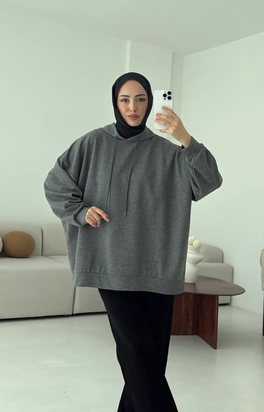 İki İplik Kapşonlu Sweat Antrasit - Görsel 3