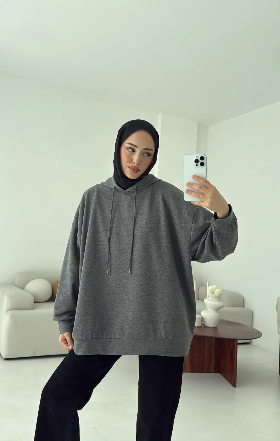 İki İplik Kapşonlu Sweat Antrasit - Görsel 5