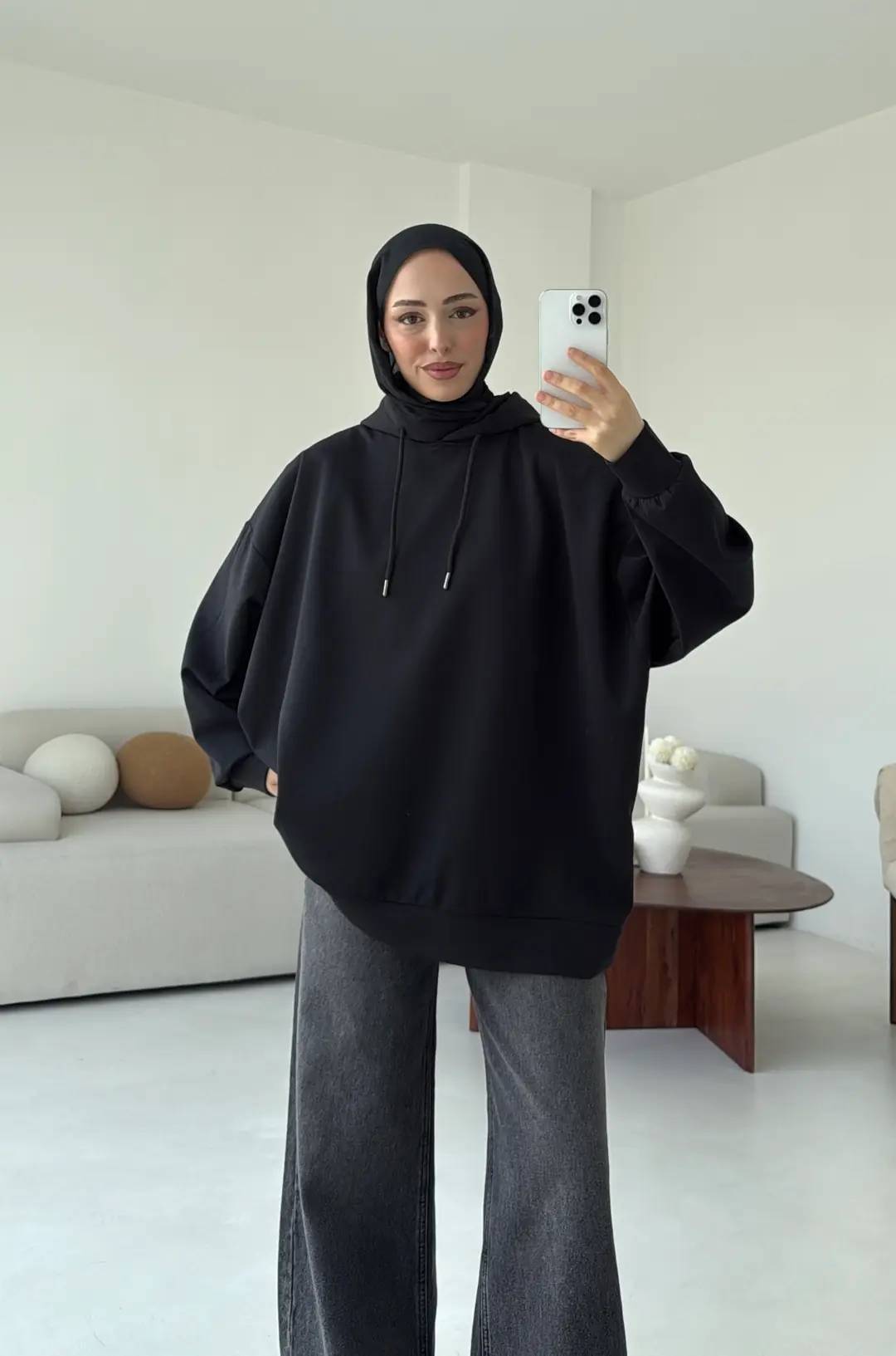 İki İplik Kapşonlu Sweat Siyah