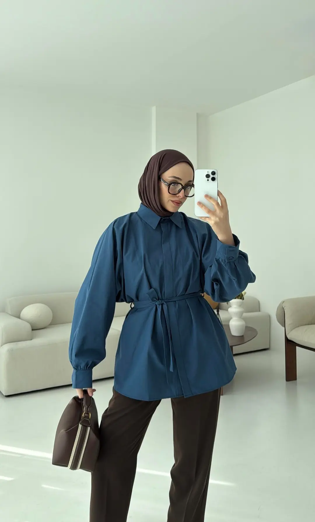 İndigo Balon Kol Bağlamalı Gömlek - Görsel 4