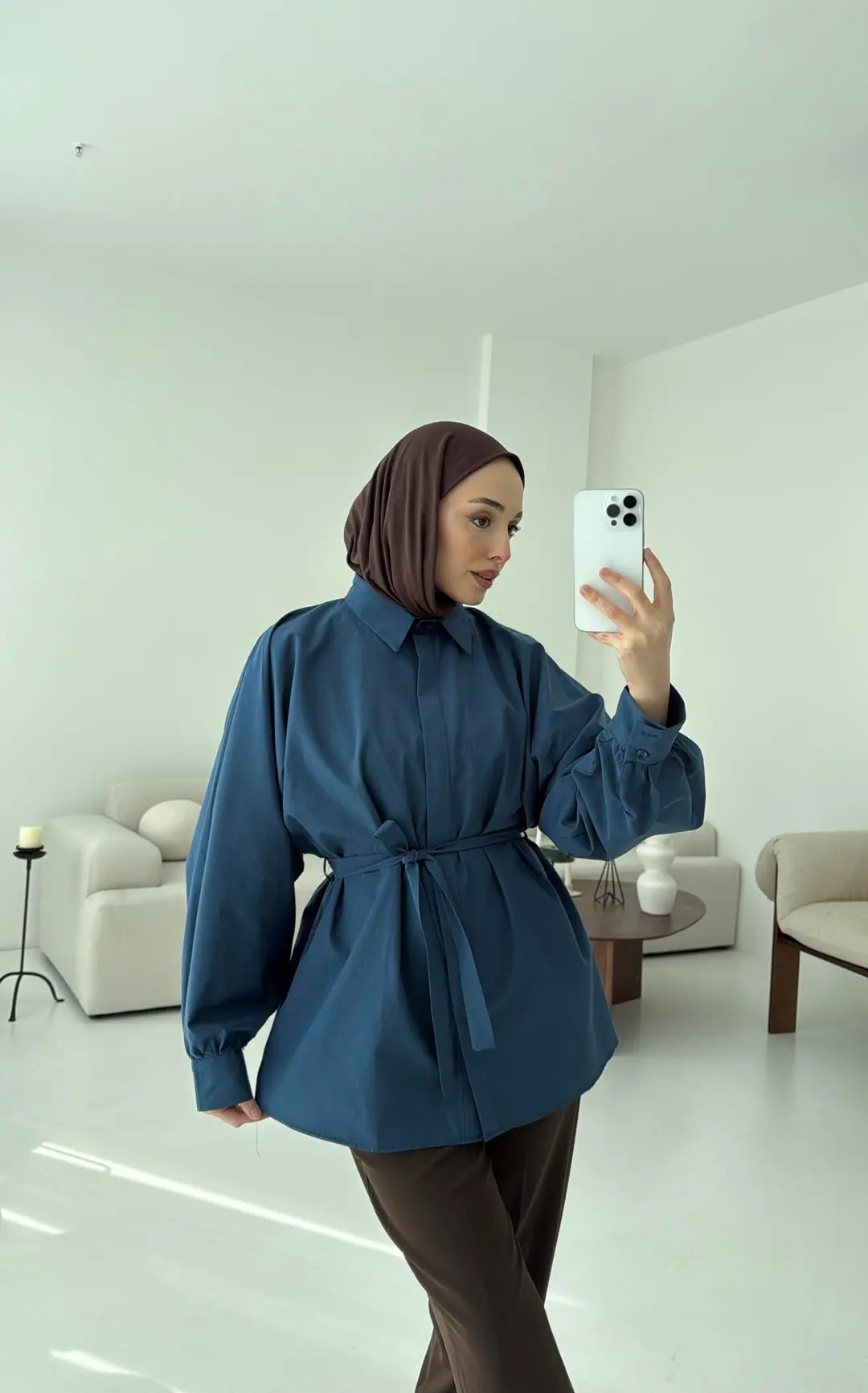 İndigo Balon Kol Bağlamalı Gömlek - Görsel 9