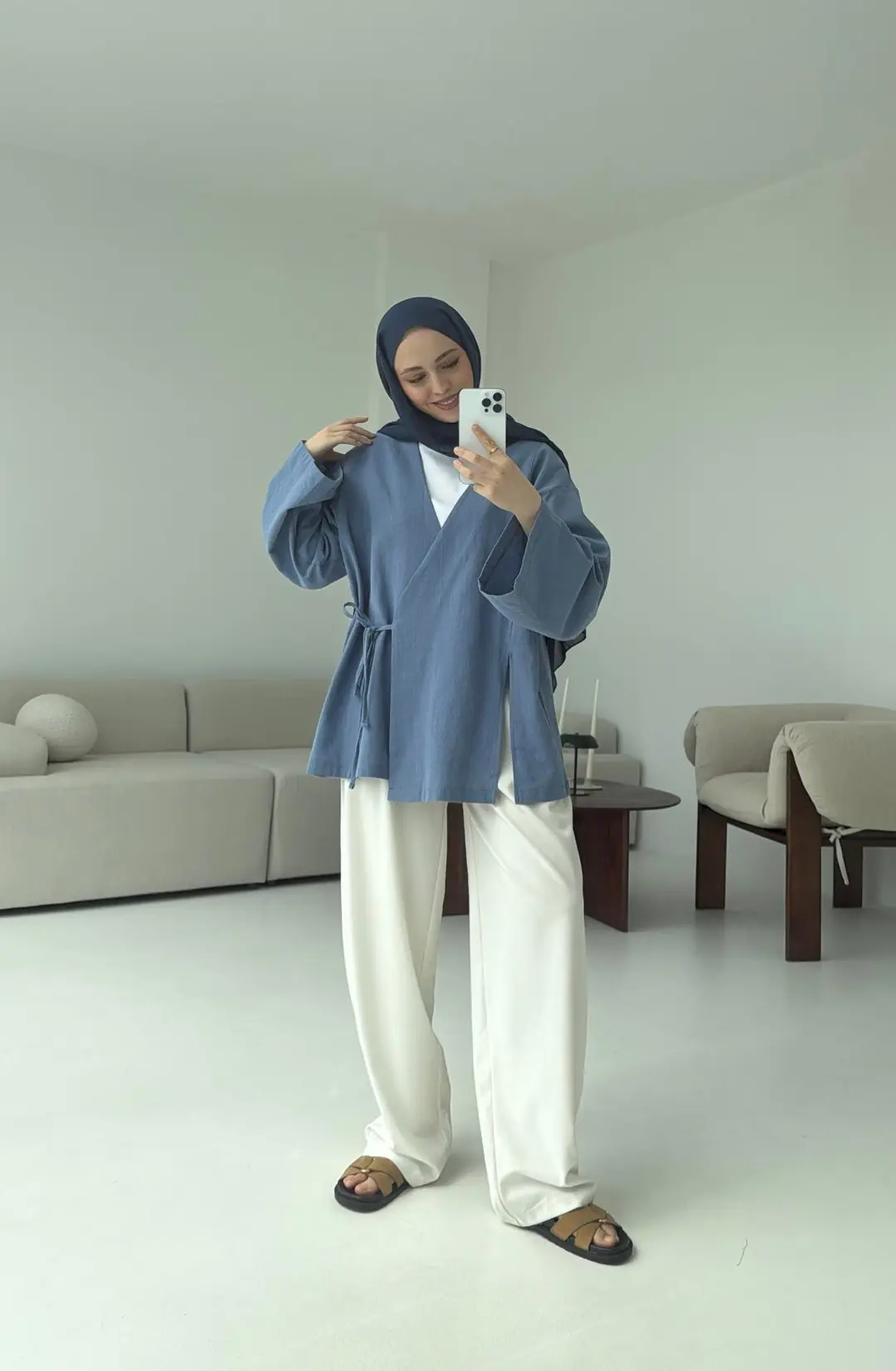 İndigo Yırtmaç Detay Keten Kimono - Görsel 3