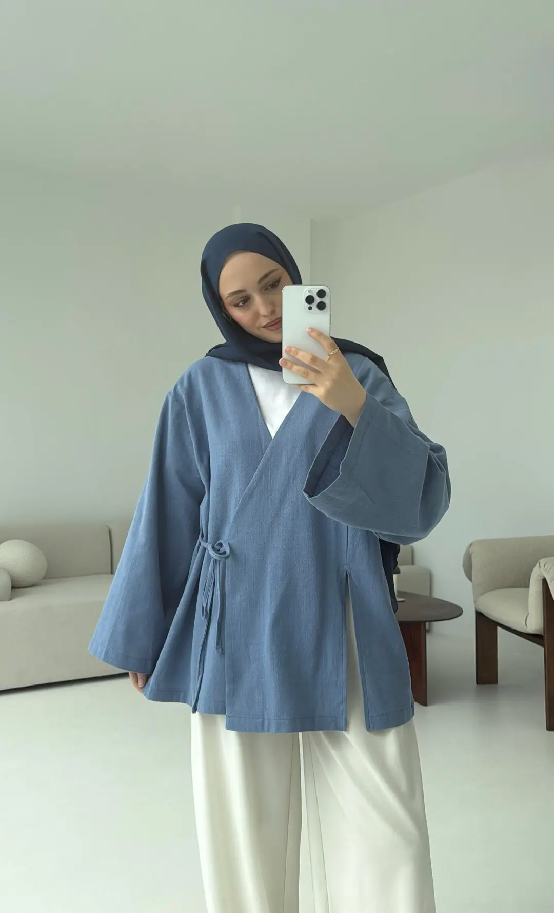 İndigo Yırtmaç Detay Keten Kimono - Görsel 4