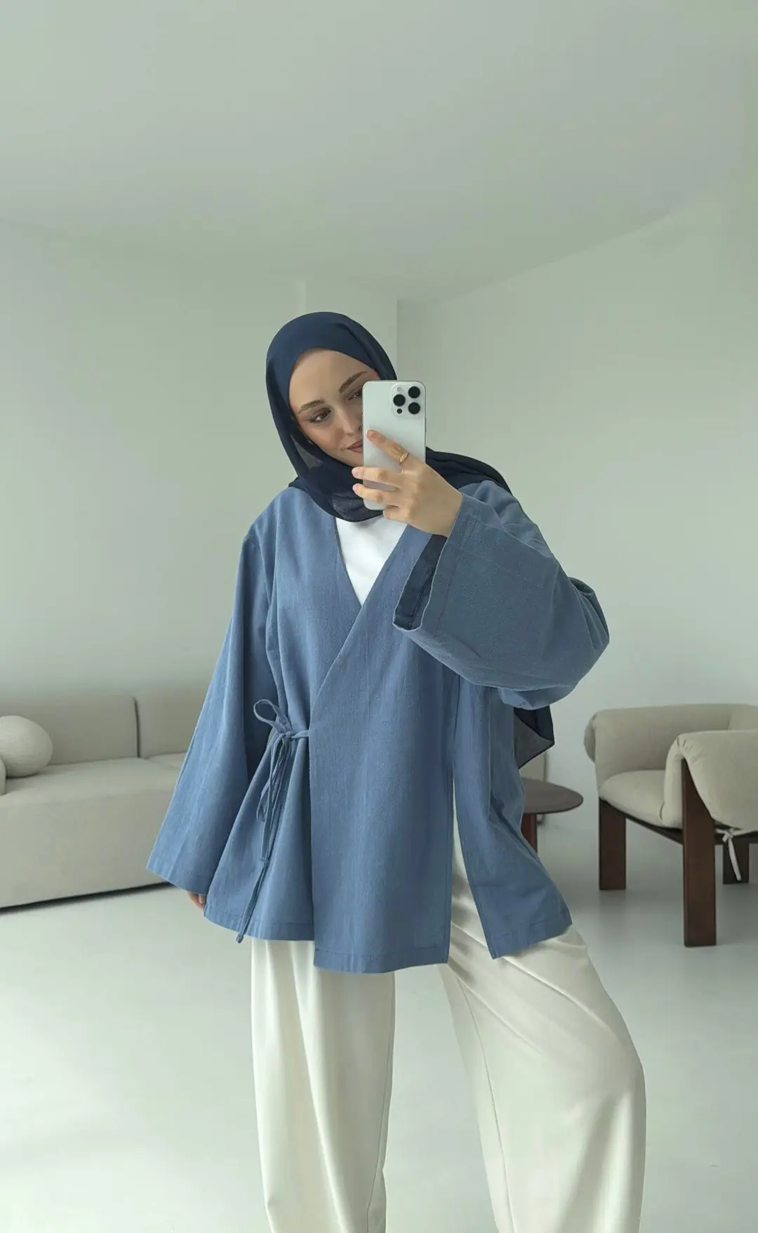 İndigo Yırtmaç Detay Keten Kimono - Görsel 5