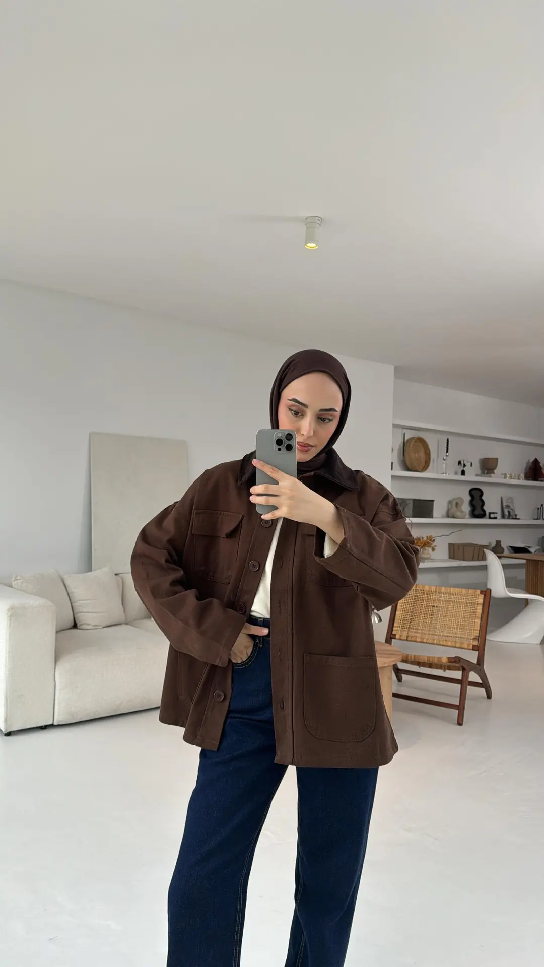 Kadife Yaka Cep Detaylı Ceket Kahve - Görsel 3