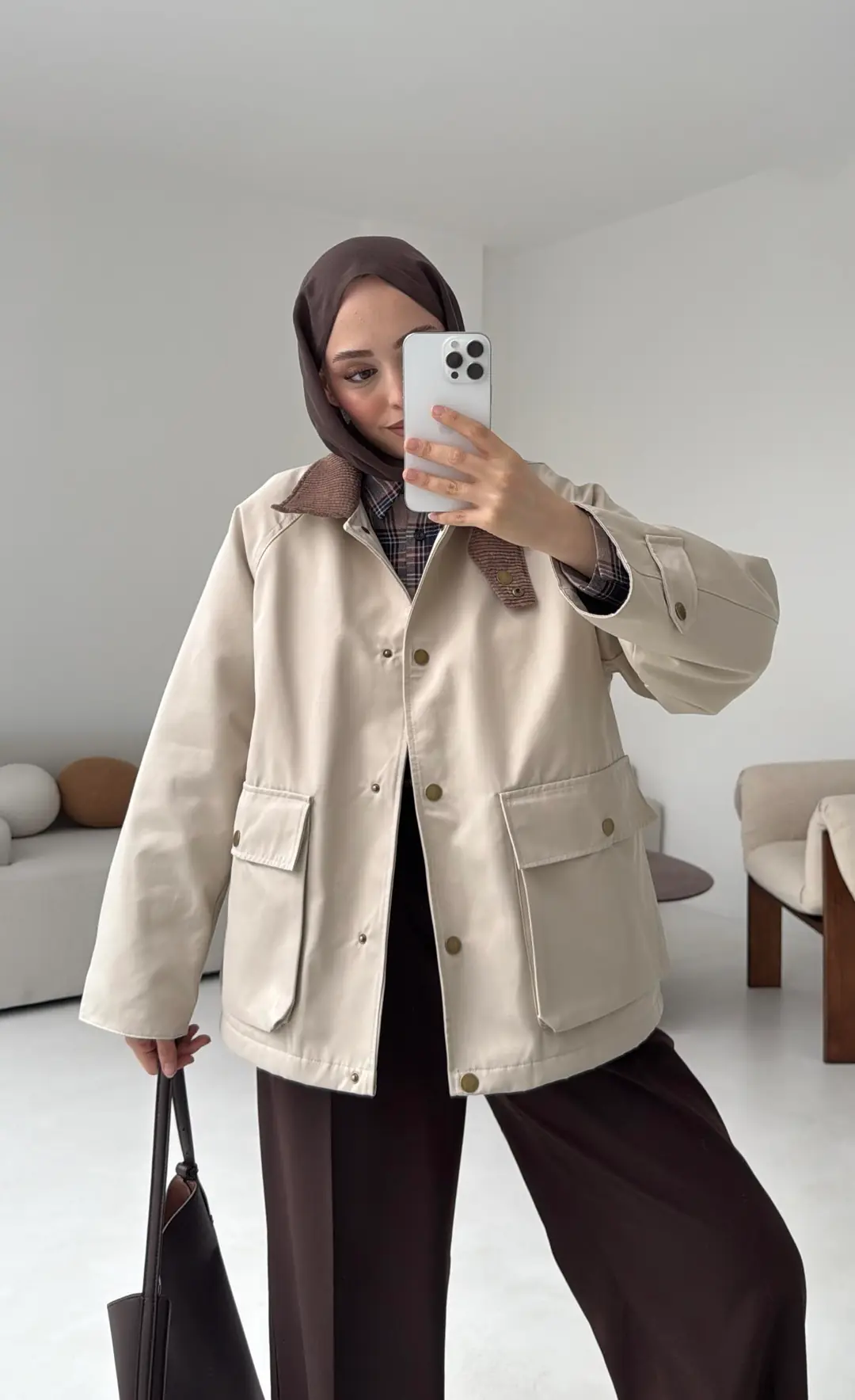 Kadife Yaka Dolgulu Ceket Bej - Görsel 10